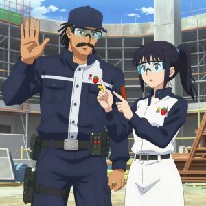 An anime scene showing 2 characters. 1. a male anime character with a tall, rugged build, short dreadlock hair, thick mustache, wearing a neatly buttoned utility jacket with a mandarin collar and two chest pockets, a utility belt with a small battery pack that connects to his eyeglasses, flat chest with no breasts 2. a female anime character with a slender build, youthful face, no facial hair, side ponytail with a ribbon All characters wear navy and soft white hazardous disposal team with a secret agent aesthetic. Each character wears two small lapel pins β one showing a tiny red strawberry with green leaves, round and bright and one showing a tiny silver thumbtack with a colored head (red, blue, or yellow). Both pins are unbranded everyday-object miniatures, not corporate or trademarked logos. One character wears a flat cap. One character has safety goggles with AR overlay lenses. Only one character gestures β the others focus on their tasks without gesturing or pointing. Characters speak to devices, check readings, touch their own fingertips together to transmit data, and wear AR glasses. No character touches a keyboard or looks at a screen. No character waves at the camera. No character faces the viewer directly. The team is teaching a literal amphitheater in a construction site with scaffolding and materials stacked against blue sky. Exactly 2 characters in this scene β no more, no fewer. One reviews someone's work and gives specific, actionable feedback. One guides a student through a correction, offering encouragement. No male character wears a skirt, kilt, or apron over pants or formal shirts. Exactly 2 characters total. The image must contain precisely 2 characters.NO TEXT anywhere in this image β no speech bubbles, no word bubbles, no labels, no signs, no writing of any kind. Anime style, vibrant colors, clean composition, cinematic lighting.