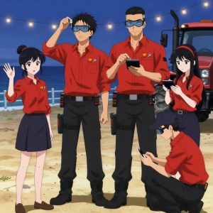 An anime scene showing 4 characters. 1. a female anime character with a slender build, youthful face, no facial hair, side ponytail with a ribbon 2. a male anime character with a taller, athletic build, short hair, subtle facial hair, wearing a neatly buttoned-up collared shirt with sleeves rolled to the elbows, a utility belt with a small battery pack that connects to his eyeglasses, flat chest with no breasts 3. a male anime character with a tall, sturdy build, short side-part hair, light goatee, wearing a neatly buttoned collared work shirt with sleeves rolled up, a utility belt with a small battery pack that connects to his eyeglasses, flat chest with no breasts 4. a female anime character with a petite build, expressive eyes, no facial hair, long straight hair with a ribbon headband All characters wear bold red and black engineering team with a work aesthetic. Each character wears two small lapel pins β one showing a tiny round tangerine with a small dimpled peel texture and one showing a tiny silver open-end wrench, miniature. Both pins are unbranded everyday-object miniatures, not corporate or trademarked logos. One character wears a baseball cap. One character has calibrated ankle strap for terrain mapping. Only one character gestures β the others focus on their tasks without gesturing or pointing. Characters speak to devices, check readings, touch their own fingertips together to transmit data, and wear AR glasses. No character touches a keyboard or looks at a screen. No character waves at the camera. No character faces the viewer directly. The team is treating a literal tractor in a beachside boardwalk at twilight with string lights and warm sand. Exactly 4 characters in this scene β no more, no fewer. One administers medicine with a precise dose, watching for reactions. One performs a careful examination to determine the cause of symptoms. One monitors vital signs on equipment, checking readings regularly. One carefully cleans and dresses a wound using sterile supplies. No male character wears a skirt, kilt, or apron over pants or formal shirts. Exactly 4 characters total. The image must contain precisely 4 characters.NO TEXT anywhere in this image β no speech bubbles, no word bubbles, no labels, no signs, no writing of any kind. Anime style, vibrant colors, clean composition, cinematic lighting.