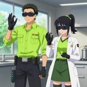 An anime scene showing 2 characters. 1. a male anime character with a lean, wiry build, short wavy hair, clean-shaven, wearing a neatly buttoned utility shirt with a buttoned collar and chest pockets snapped shut, a utility belt with a small battery pack that connects to his eyeglasses, flat chest with no breasts 2. a female anime character with a small build, round face, no facial hair, hair in a high ponytail with a bow All characters wear neon green and black medical team (white lab coats) with a fitness aesthetic. Each character wears two small lapel pins β one showing the the Amazon logo β a smile arrow from A to Z in black on orange text (real brand), and one showing the a shiba inu dog face with an orange hoodie, within a single circle, orange and white colors logo (abstract). One character wears a fedora. One character has gloves with fingertip sensors. Only one character gestures β the others focus on their tasks without gesturing or pointing. Characters speak to devices, check readings, touch their own fingertips together to transmit data, and wear AR glasses. No character touches a keyboard or looks at a screen. No character waves at the camera. No character faces the viewer directly. The team is treating a literal aqueduct in a sleek modern kitchen with large windows opening onto a garden. Exactly 2 characters in this scene β no more, no fewer. One administers medicine with a precise dose, watching for reactions. One carefully cleans and dresses a wound using sterile supplies. No male character wears a skirt, kilt, or apron over pants or formal shirts. Exactly 2 characters total. The image must contain precisely 2 characters.NO TEXT anywhere in this image β no speech bubbles, no word bubbles, no labels, no signs, no writing of any kind. Anime style, vibrant colors, clean composition, cinematic lighting.