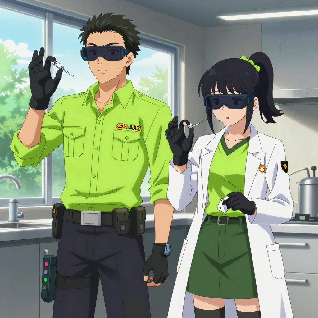 An anime scene showing 2 characters. 1. a male anime character with a lean, wiry build, short wavy hair, clean-shaven, wearing a neatly buttoned utility shirt with a buttoned collar and chest pockets snapped shut, a utility belt with a small battery pack that connects to his eyeglasses, flat chest with no breasts 2. a female anime character with a small build, round face, no facial hair, hair in a high ponytail with a bow All characters wear neon green and black medical team (white lab coats) with a fitness aesthetic. Each character wears two small lapel pins — one showing the the Amazon logo — a smile arrow from A to Z in black on orange text (real brand), and one showing the a shiba inu dog face with an orange hoodie, within a single circle, orange and white colors logo (abstract). One character wears a fedora. One character has gloves with fingertip sensors. Only one character gestures — the others focus on their tasks without gesturing or pointing. Characters speak to devices, check readings, touch their own fingertips together to transmit data, and wear AR glasses. No character touches a keyboard or looks at a screen. No character waves at the camera. No character faces the viewer directly. The team is treating a literal aqueduct in a sleek modern kitchen with large windows opening onto a garden. Exactly 2 characters in this scene — no more, no fewer. One administers medicine with a precise dose, watching for reactions. One carefully cleans and dresses a wound using sterile supplies. No male character wears a skirt, kilt, or apron over pants or formal shirts. Exactly 2 characters total. The image must contain precisely 2 characters.NO TEXT anywhere in this image — no speech bubbles, no word bubbles, no labels, no signs, no writing of any kind. Anime style, vibrant colors, clean composition, cinematic lighting.