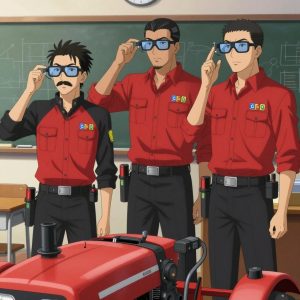 An anime scene showing 3 characters. 1. a male anime character with a tall, rugged build, short dreadlock hair, thick mustache, wearing a neatly buttoned utility jacket with a mandarin collar and two chest pockets, a utility belt with a small battery pack that connects to his eyeglasses, flat chest with no breasts 2. a male anime character with a tall, sturdy build, short side-part hair, light goatee, wearing a neatly buttoned collared work shirt with sleeves rolled up, a utility belt with a small battery pack that connects to his eyeglasses, flat chest with no breasts 3. a male anime character with a taller, athletic build, short hair, subtle facial hair, wearing a neatly buttoned-up collared shirt with sleeves rolled to the elbows, a utility belt with a small battery pack that connects to his eyeglasses, flat chest with no breasts All characters wear bold red and black surveying team with a holiday aesthetic. Each character wears two small lapel pins — one showing the the Google logo — four colored letters G o o g in bold, blue red yellow blue (real brand), and one showing the USDT token symbol — a T with a double horizontal line logo (abstract). One character wears a top hat. One character has wrist-mounted calibration scope. Only one character gestures — the others focus on their tasks without gesturing or pointing. Characters speak to devices, check readings, touch their own fingertips together to transmit data, and wear AR glasses. No character touches a keyboard or looks at a screen. No character waves at the camera. No character faces the viewer directly. The team is repairing a literal tractor in a sunny classroom with desks and a chalkboard covered in diagrams. Exactly 3 characters in this scene — no more, no fewer. One carefully tightens a bolt with the appropriate tool, working by feel. One recalibrates the device to factory specifications step by step. One diagnoses the fault by listening to how the mechanism sounds. No male character wears a skirt, kilt, or apron over pants or formal shirts. Exactly 3 characters total. The image must contain precisely 3 characters.NO TEXT anywhere in this image — no speech bubbles, no word bubbles, no labels, no signs, no writing of any kind. Anime style, vibrant colors, clean composition, cinematic lighting.