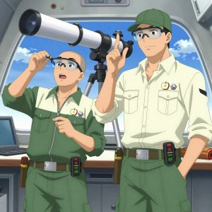 An anime scene showing 2 characters. 1. a male anime character with a broad-shouldered build, short buzz-cut hair, clean-shaven, wearing a neatly buttoned work coverall with a full-length zipper and snapped chest pocket, a utility belt with a small battery pack that connects to his eyeglasses, flat chest with no breasts 2. a male anime character with a taller, athletic build, short hair, subtle facial hair, wearing a neatly buttoned-up collared shirt with sleeves rolled to the elbows, a utility belt with a small battery pack that connects to his eyeglasses, flat chest with no breasts All characters wear sage green and cream scientific expedition team with a gym aesthetic. Each character wears two small lapel pins — one showing a tiny apple slice showing the star pattern of seeds in the middle and one showing a tiny silver hex bolt. Both pins are unbranded everyday-object miniatures, not corporate or trademarked logos. One character wears a flat cap. One character has safety goggles with AR overlay lenses. Only one character gestures — the others focus on their tasks without gesturing or pointing. Characters speak to devices, check readings, touch their own fingertips together to transmit data, and wear AR glasses. No character touches a keyboard or looks at a screen. No character waves at the camera. No character faces the viewer directly. The team is building a literal telescope in a small airplane cockpit with instruments and blue sky beyond the windscreen. Exactly 2 characters in this scene — no more, no fewer. One assembles components using the correct fasteners and techniques. One sands a surface smooth before applying finish, feeling for imperfections. No male character wears a skirt, kilt, or apron over pants or formal shirts. Exactly 2 characters total. The image must contain precisely 2 characters.NO TEXT anywhere in this image — no speech bubbles, no word bubbles, no labels, no signs, no writing of any kind. Anime style, vibrant colors, clean composition, cinematic lighting.