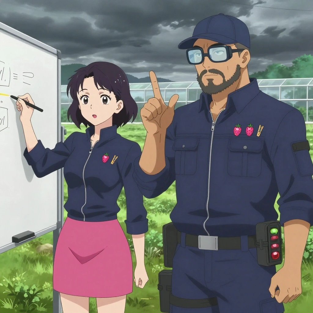 An anime scene showing 2 characters. 1. a female anime character with a slim build, delicate face, no facial hair, short wavy hair with a hair pin 2. a male anime character with a stocky, strong build, short undercut hair, full beard, wearing a neatly buttoned work jacket with a full zip front and rolled sleeves, a utility belt with a small battery pack that connects to his eyeglasses, flat chest with no breasts All characters wear deep indigo and pink search and rescue team with a fitness aesthetic. Each character wears two small lapel pins — one showing a tiny pink raspberry with a hollow center and one showing a tiny wooden clothespin with a metal spring. Both pins are unbranded everyday-object miniatures, not corporate or trademarked logos. One character wears a newsboy cap. One character has fingertip caps for precision work. Only one character gestures — the others focus on their tasks without gesturing or pointing. Characters speak to devices, check readings, touch their own fingertips together to transmit data, and wear AR glasses. No character touches a keyboard or looks at a screen. No character waves at the camera. No character faces the viewer directly. The team is teaching a literal greenhouse in a wide prairie under a dramatic stormy sky. Exactly 2 characters in this scene — no more, no fewer. One writes key concepts on a whiteboard while explaining the reasoning. One demonstrates a technique with patience, making sure the learner follows each step. No male character wears a skirt, kilt, or apron over pants or formal shirts. Exactly 2 characters total. The image must contain precisely 2 characters.NO TEXT anywhere in this image — no speech bubbles, no word bubbles, no labels, no signs, no writing of any kind. Anime style, vibrant colors, clean composition, cinematic lighting.