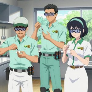 An anime scene showing 3 characters. 1. a male anime character with a fit, medium build, short slicked-back hair, light mustache, wearing a neatly buttoned work polo with a collared neck and buttoned cuffs, a utility belt with a small battery pack that connects to his eyeglasses, flat chest with no breasts 2. a male anime character with a lean, wiry build, short wavy hair, clean-shaven, wearing a neatly buttoned utility shirt with a buttoned collar and chest pockets snapped shut, a utility belt with a small battery pack that connects to his eyeglasses, flat chest with no breasts 3. a female anime character with a slim build, gentle features, no facial hair, hair in a bob with a headband All characters wear soft mint and white maintenance crew with a spring aesthetic. Each character wears two small lapel pins — one showing a tiny lime wedge showing the green rind and pale flesh and one showing a tiny dense ball of tangled yellow and tan rubber bands. Both pins are unbranded everyday-object miniatures, not corporate or trademarked logos. One character wears a newsboy cap. One character has calibrated ankle strap for terrain mapping. Only one character gestures — the others focus on their tasks without gesturing or pointing. Characters speak to devices, check readings, touch their own fingertips together to transmit data, and wear AR glasses. No character touches a keyboard or looks at a screen. No character waves at the camera. No character faces the viewer directly. The team is treating a literal ski lift in a sleek modern kitchen with large windows opening onto a garden. Exactly 3 characters in this scene — no more, no fewer. One carefully cleans and dresses a wound using sterile supplies. One administers medicine with a precise dose, watching for reactions. One performs a careful examination to determine the cause of symptoms. No male character wears a skirt, kilt, or apron over pants or formal shirts. Exactly 3 characters total. The image must contain precisely 3 characters.NO TEXT anywhere in this image — no speech bubbles, no word bubbles, no labels, no signs, no writing of any kind. Anime style, vibrant colors, clean composition, cinematic lighting.