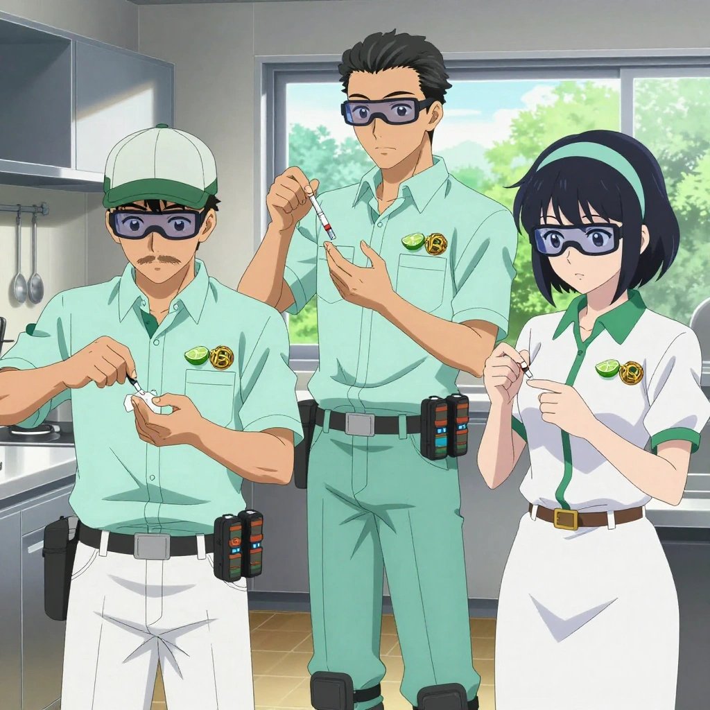 An anime scene showing 3 characters. 1. a male anime character with a fit, medium build, short slicked-back hair, light mustache, wearing a neatly buttoned work polo with a collared neck and buttoned cuffs, a utility belt with a small battery pack that connects to his eyeglasses, flat chest with no breasts 2. a male anime character with a lean, wiry build, short wavy hair, clean-shaven, wearing a neatly buttoned utility shirt with a buttoned collar and chest pockets snapped shut, a utility belt with a small battery pack that connects to his eyeglasses, flat chest with no breasts 3. a female anime character with a slim build, gentle features, no facial hair, hair in a bob with a headband All characters wear soft mint and white maintenance crew with a spring aesthetic. Each character wears two small lapel pins — one showing a tiny lime wedge showing the green rind and pale flesh and one showing a tiny dense ball of tangled yellow and tan rubber bands. Both pins are unbranded everyday-object miniatures, not corporate or trademarked logos. One character wears a newsboy cap. One character has calibrated ankle strap for terrain mapping. Only one character gestures — the others focus on their tasks without gesturing or pointing. Characters speak to devices, check readings, touch their own fingertips together to transmit data, and wear AR glasses. No character touches a keyboard or looks at a screen. No character waves at the camera. No character faces the viewer directly. The team is treating a literal ski lift in a sleek modern kitchen with large windows opening onto a garden. Exactly 3 characters in this scene — no more, no fewer. One carefully cleans and dresses a wound using sterile supplies. One administers medicine with a precise dose, watching for reactions. One performs a careful examination to determine the cause of symptoms. No male character wears a skirt, kilt, or apron over pants or formal shirts. Exactly 3 characters total. The image must contain precisely 3 characters.NO TEXT anywhere in this image — no speech bubbles, no word bubbles, no labels, no signs, no writing of any kind. Anime style, vibrant colors, clean composition, cinematic lighting.