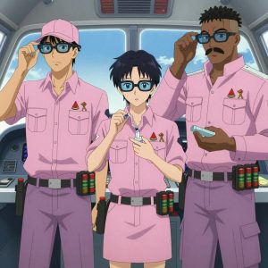 An anime scene showing 3 characters. 1. a male anime character with a tall, lean build, short messy hair, clean-shaven, wearing a neatly pressed collared button-up with a vest over top, a utility belt with a small battery pack that connects to his eyeglasses, flat chest with no breasts 2. a male anime character with a lean, wiry build, short wavy hair, clean-shaven, wearing a neatly buttoned utility shirt with a buttoned collar and chest pockets snapped shut, a utility belt with a small battery pack that connects to his eyeglasses, flat chest with no breasts 3. a male anime character with a tall, rugged build, short dreadlock hair, thick mustache, wearing a neatly buttoned utility jacket with a mandarin collar and two chest pockets, a utility belt with a small battery pack that connects to his eyeglasses, flat chest with no breasts All characters wear pastel pink and lavender fishing trawler crew with a modern royalty aesthetic. Each character wears two small lapel pins — one showing a tiny watermelon slice showing the red flesh, black seeds, and green rind and one showing a tiny brass thumbtack with a flat head. Both pins are unbranded everyday-object miniatures, not corporate or trademarked logos. One character wears a baseball cap. One character has signal reflector patch on the shoulder. Only one character gestures — the others focus on their tasks without gesturing or pointing. Characters speak to devices, check readings, touch their own fingertips together to transmit data, and wear AR glasses. No character touches a keyboard or looks at a screen. No character waves at the camera. No character faces the viewer directly. The team is treating a literal outpost in a small airplane cockpit with instruments and blue sky beyond the windscreen. Exactly 3 characters in this scene — no more, no fewer. One performs a careful examination to determine the cause of symptoms. One administers medicine with a precise dose, watching for reactions. One carefully cleans and dresses a wound using sterile supplies. No male character wears a skirt, kilt, or apron over pants or formal shirts. Exactly 3 characters total. The image must contain precisely 3 characters.NO TEXT anywhere in this image — no speech bubbles, no word bubbles, no labels, no signs, no writing of any kind. Anime style, vibrant colors, clean composition, cinematic lighting.