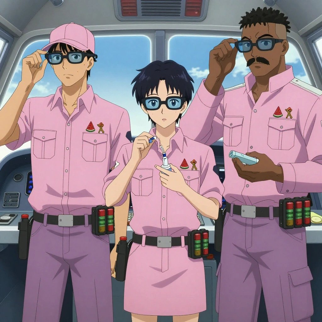 An anime scene showing 3 characters. 1. a male anime character with a tall, lean build, short messy hair, clean-shaven, wearing a neatly pressed collared button-up with a vest over top, a utility belt with a small battery pack that connects to his eyeglasses, flat chest with no breasts 2. a male anime character with a lean, wiry build, short wavy hair, clean-shaven, wearing a neatly buttoned utility shirt with a buttoned collar and chest pockets snapped shut, a utility belt with a small battery pack that connects to his eyeglasses, flat chest with no breasts 3. a male anime character with a tall, rugged build, short dreadlock hair, thick mustache, wearing a neatly buttoned utility jacket with a mandarin collar and two chest pockets, a utility belt with a small battery pack that connects to his eyeglasses, flat chest with no breasts All characters wear pastel pink and lavender fishing trawler crew with a modern royalty aesthetic. Each character wears two small lapel pins β one showing a tiny watermelon slice showing the red flesh, black seeds, and green rind and one showing a tiny brass thumbtack with a flat head. Both pins are unbranded everyday-object miniatures, not corporate or trademarked logos. One character wears a baseball cap. One character has signal reflector patch on the shoulder. Only one character gestures β the others focus on their tasks without gesturing or pointing. Characters speak to devices, check readings, touch their own fingertips together to transmit data, and wear AR glasses. No character touches a keyboard or looks at a screen. No character waves at the camera. No character faces the viewer directly. The team is treating a literal outpost in a small airplane cockpit with instruments and blue sky beyond the windscreen. Exactly 3 characters in this scene β no more, no fewer. One performs a careful examination to determine the cause of symptoms. One administers medicine with a precise dose, watching for reactions. One carefully cleans and dresses a wound using sterile supplies. No male character wears a skirt, kilt, or apron over pants or formal shirts. Exactly 3 characters total. The image must contain precisely 3 characters.NO TEXT anywhere in this image β no speech bubbles, no word bubbles, no labels, no signs, no writing of any kind. Anime style, vibrant colors, clean composition, cinematic lighting.
