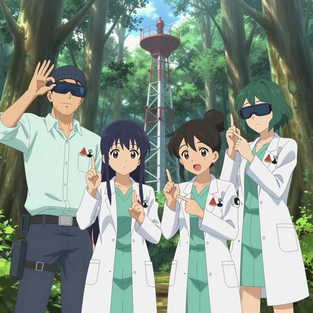 An anime scene showing 4 characters. 1. a male anime character with a taller, athletic build, short hair, subtle facial hair, wearing a neatly buttoned-up collared shirt with sleeves rolled to the elbows, a utility belt with a small battery pack that connects to his eyeglasses, flat chest with no breasts 2. a female anime character with a smaller build, cute face, no facial hair, long hair with a ribbon tied at the end 3. a female anime character with a small build, round face, no facial hair, hair in a high ponytail with a bow 4. a female anime character with a slim build, delicate face, no facial hair, short wavy hair with a hair pin All characters wear soft mint and white medical team (white lab coats) with a preppy aesthetic. Each character wears two small lapel pins — one showing a tiny watermelon slice showing the red flesh, black seeds, and green rind and one showing a tiny black binder clip with silver arms. Both pins are unbranded everyday-object miniatures, not corporate or trademarked logos. One character wears a beanie. One character has elbow braces with integrated joint lights. Character #3 fingerspelling the letter B — flat hand with fingers together and thumb across palm, held up clearly, hands large and clearly visible in the foreground. Only one character gestures — the others focus on their tasks without gesturing or pointing. Characters speak to devices, check readings, touch their own fingertips together to transmit data, and wear AR glasses. No character touches a keyboard or looks at a screen. No character waves at the camera. No character faces the viewer directly. The team is practicing a literal radio tower in an old-growth forest with shafts of light cutting through the canopy. Exactly 4 characters in this scene — no more, no fewer. One coaches a teammate on technique with constructive pointers. One performs with genuine expression, letting the music carry the emotion. One trains hard on a course, learning from each previous attempt. One practices a difficult passage with full concentration, building muscle memory. No male character wears a skirt, kilt, or apron over pants or formal shirts. Exactly 4 characters total. The image must contain precisely 4 characters.NO TEXT anywhere in this image — no speech bubbles, no word bubbles, no labels, no signs, no writing of any kind. Anime style, vibrant colors, clean composition, cinematic lighting.