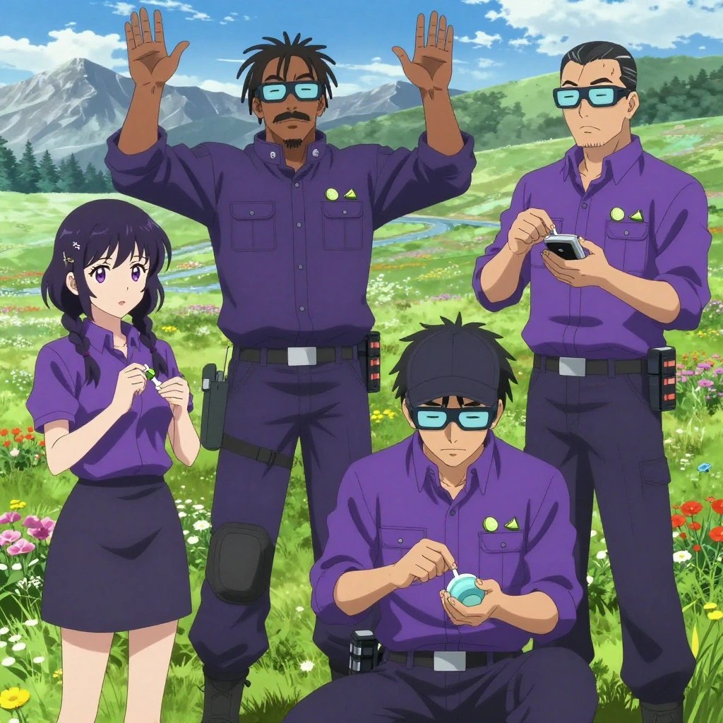 An anime scene showing 4 characters. 1. a female anime character with a petite build, soft features, no facial hair, hair in twin braids with small flower clips 2. a female anime character with a slim build, delicate face, no facial hair, short wavy hair with a hair pin 3. a male anime character with a tall, rugged build, short dreadlock hair, thick mustache, wearing a neatly buttoned utility jacket with a mandarin collar and two chest pockets, a utility belt with a small battery pack that connects to his eyeglasses, flat chest with no breasts 4. a male anime character with a tall, sturdy build, short side-part hair, light goatee, wearing a neatly buttoned collared work shirt with sleeves rolled up, a utility belt with a small battery pack that connects to his eyeglasses, flat chest with no breasts All characters wear electric purple and cyan field research team with a miss universe aesthetic. Each character wears two small lapel pins — one showing a tiny lime wedge showing the green rind and pale flesh and one showing a tiny black binder clip with silver arms. Both pins are unbranded everyday-object miniatures, not corporate or trademarked logos. One character wears a baseball cap. One character has knee pads with built-in tool pouches. Character #3 shrugging — both shoulders raised with palms up, clearly visible, hands large and clearly visible in the foreground. Only one character gestures — the others focus on their tasks without gesturing or pointing. Characters speak to devices, check readings, touch their own fingertips together to transmit data, and wear AR glasses. No character touches a keyboard or looks at a screen. No character waves at the camera. No character faces the viewer directly. The team is treating a literal aqueduct in a high alpine meadow in full summer bloom with mountain peaks beyond. Exactly 4 characters in this scene — no more, no fewer. One administers medicine with a precise dose, watching for reactions. One performs a careful examination to determine the cause of symptoms. One carefully cleans and dresses a wound using sterile supplies. One monitors vital signs on equipment, checking readings regularly. No male character wears a skirt, kilt, or apron over pants or formal shirts. Exactly 4 characters total. The image must contain precisely 4 characters.NO TEXT anywhere in this image — no speech bubbles, no word bubbles, no labels, no signs, no writing of any kind. Anime style, vibrant colors, clean composition, cinematic lighting.