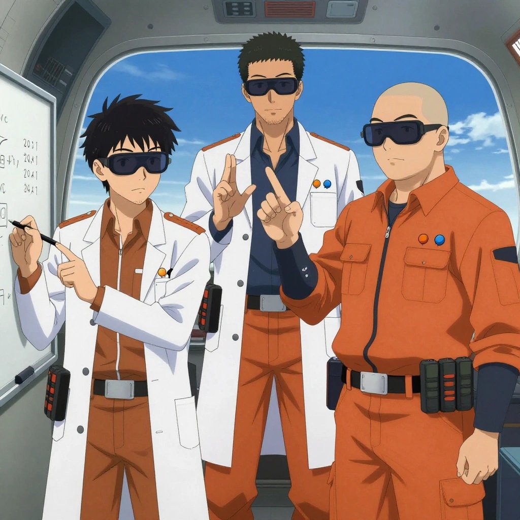 An anime scene showing 3 characters. 1. a male anime character with a broader, muscular build, short spiky hair, light stubble, wearing a neatly buttoned work shirt with epaulets and a zipped front, a utility belt with a small battery pack that connects to his eyeglasses, flat chest with no breasts 2. a male anime character with a taller, athletic build, short hair, subtle facial hair, wearing a neatly buttoned-up collared shirt with sleeves rolled to the elbows, a utility belt with a small battery pack that connects to his eyeglasses, flat chest with no breasts 3. a male anime character with a broad-shouldered build, short buzz-cut hair, clean-shaven, wearing a neatly buttoned work coverall with a full-length zipper and snapped chest pocket, a utility belt with a small battery pack that connects to his eyeglasses, flat chest with no breasts All characters wear rust orange and navy medical team (white lab coats) with a country side aesthetic. Each character wears two small lapel pins — one showing a tiny round tangerine with a small dimpled peel texture and one showing a tiny round-headed pushpin in a bright color. Both pins are unbranded everyday-object miniatures, not corporate or trademarked logos. One character wears a fedora. One character has elbow braces with integrated joint lights. Only one character gestures — the others focus on their tasks without gesturing or pointing. Characters speak to devices, check readings, touch their own fingertips together to transmit data, and wear AR glasses. No character touches a keyboard or looks at a screen. No character waves at the camera. No character faces the viewer directly. The team is teaching a literal outpost in a small airplane cockpit with instruments and blue sky beyond the windscreen. Exactly 3 characters in this scene — no more, no fewer. One reviews someone's work and gives specific, actionable feedback. One writes key concepts on a whiteboard while explaining the reasoning. One demonstrates a technique with patience, making sure the learner follows each step. No male character wears a skirt, kilt, or apron over pants or formal shirts. Exactly 3 characters total. The image must contain precisely 3 characters.NO TEXT anywhere in this image — no speech bubbles, no word bubbles, no labels, no signs, no writing of any kind. Anime style, vibrant colors, clean composition, cinematic lighting.