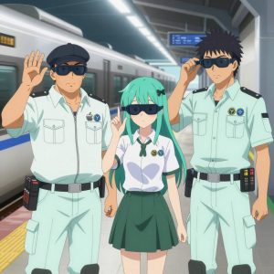 An anime scene showing 3 characters. 1. a male anime character with a broader, muscular build, short spiky hair, light stubble, wearing a neatly buttoned work shirt with epaulets and a zipped front, a utility belt with a small battery pack that connects to his eyeglasses, flat chest with no breasts 2. a female anime character with a petite build, cute face, no facial hair, long hair with a bow hair accessory 3. a male anime character with a lean, medium build, short textured hair, light stubble, wearing a neatly buttoned utility smock with a buttoned collar and chest flaps closed, a utility belt with a small battery pack that connects to his eyeglasses, flat chest with no breasts All characters wear soft mint and white fishing trawler crew with a music festival aesthetic. Each character wears two small lapel pins — one showing the the Apple logo — an apple with a bite taken from the right side, metallic silver (real brand), and one showing the hexagon-diamond shape with a Y inside, blue and yellow logo (abstract). One character wears a newsboy cap. One character has cooling vest worn under the uniform. Only one character gestures — the others focus on their tasks without gesturing or pointing. Characters speak to devices, check readings, touch their own fingertips together to transmit data, and wear AR glasses. No character touches a keyboard or looks at a screen. No character waves at the camera. No character faces the viewer directly. The team is practicing a literal outpost in a high-speed rail platform with a train arriving in a blur of silver. Exactly 3 characters in this scene — no more, no fewer. One performs with genuine expression, letting the music carry the emotion. One coaches a teammate on technique with constructive pointers. One trains hard on a course, learning from each previous attempt. No male character wears a skirt, kilt, or apron over pants or formal shirts. Exactly 3 characters total. The image must contain precisely 3 characters.NO TEXT anywhere in this image — no speech bubbles, no word bubbles, no labels, no signs, no writing of any kind. Anime style, vibrant colors, clean composition, cinematic lighting.