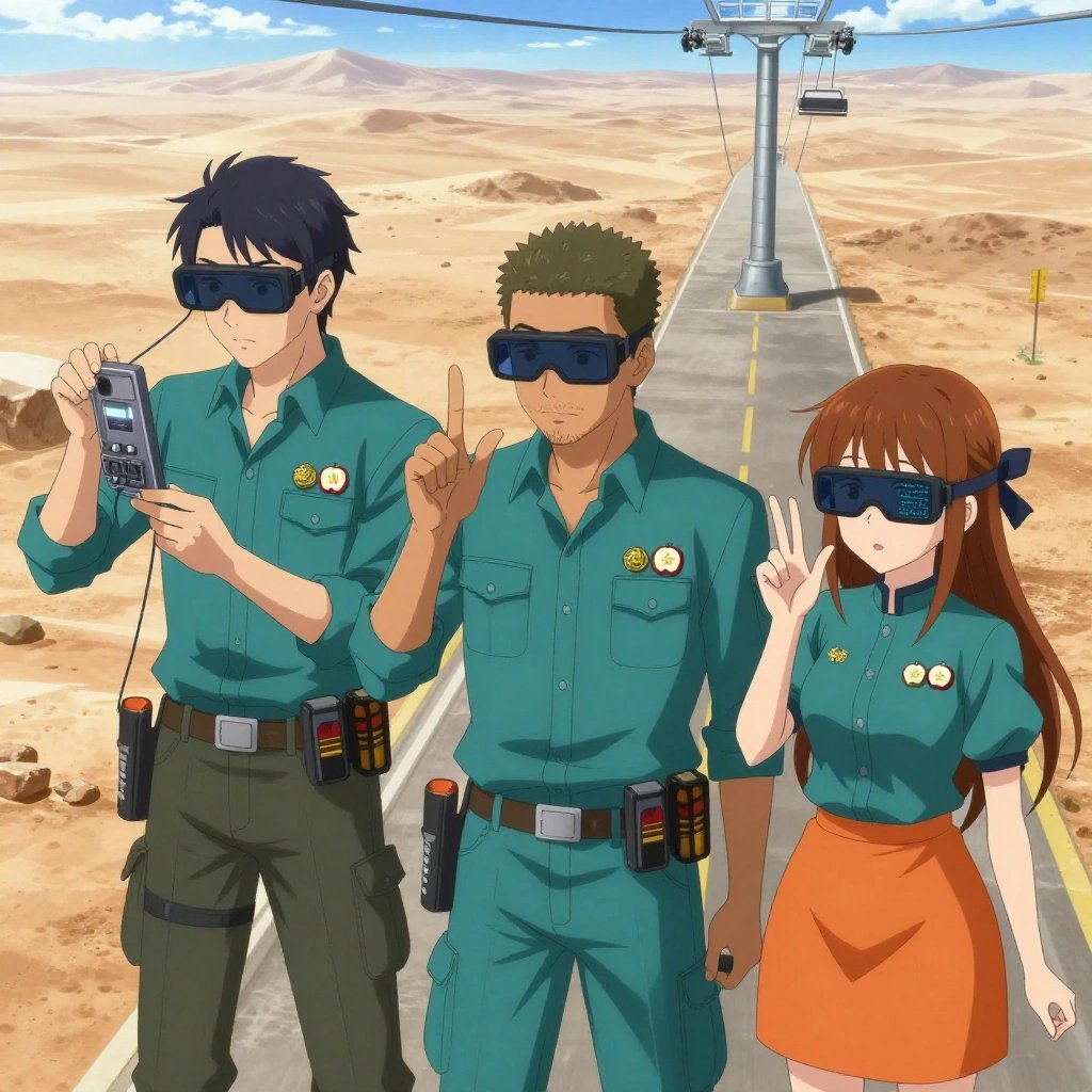 An anime scene showing 3 characters. 1. a male anime character with a lean, wiry build, short wavy hair, clean-shaven, wearing a neatly buttoned utility shirt with a buttoned collar and chest pockets snapped shut, a utility belt with a small battery pack that connects to his eyeglasses, flat chest with no breasts 2. a male anime character with a lean, medium build, short textured hair, light stubble, wearing a neatly buttoned utility smock with a buttoned collar and chest flaps closed, a utility belt with a small battery pack that connects to his eyeglasses, flat chest with no breasts 3. a female anime character with a smaller build, cute face, no facial hair, long hair with a ribbon tied at the end All characters wear teal and burnt orange maintenance crew with a apology video aesthetic. Each character wears two small lapel pins — one showing a tiny apple slice showing the star pattern of seeds in the middle and one showing a tiny dense ball of tangled yellow and tan rubber bands. Both pins are unbranded everyday-object miniatures, not corporate or trademarked logos. One character wears a top hat. One character has compact filtration mask clipped to the belt. Character #3 fingerspelling the letter W — three middle fingers up and thumb across palm, held up clearly, hands large and clearly visible in the foreground. Only one character gestures — the others focus on their tasks without gesturing or pointing. Characters speak to devices, check readings, touch their own fingertips together to transmit data, and wear AR glasses. No character touches a keyboard or looks at a screen. No character waves at the camera. No character faces the viewer directly. The team is programming a literal ski lift in a dusty desert road stretching to the horizon under a blazing sun. Exactly 3 characters in this scene — no more, no fewer. One troubleshoots a flaky network connection, checking configs and physical links. One writes and tests code, iterating based on what runs correctly. One deploys an update to production, watching dashboards for anomalies. No male character wears a skirt, kilt, or apron over pants or formal shirts. Exactly 3 characters total. The image must contain precisely 3 characters.NO TEXT anywhere in this image — no speech bubbles, no word bubbles, no labels, no signs, no writing of any kind. Anime style, vibrant colors, clean composition, cinematic lighting.