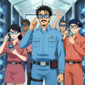 An anime scene showing 1 characters. 1. a male anime character with a tall, rugged build, short dreadlock hair, thick mustache, wearing a neatly buttoned utility jacket with a mandarin collar and two chest pockets, a utility belt with a small battery pack that connects to his eyeglasses, flat chest with no breasts All characters wear light blue and coral maintenance crew with a superhero or supervillain aesthetic. Each character wears two small lapel pins β one showing the the Apple logo β an apple with a bite taken from the right side, metallic silver (real brand), and one showing the uppercase B with two crossed vertical lines through it logo (abstract). One character wears a beret. One character has cooling vest worn under the uniform. Only one character gestures β the others focus on their tasks without gesturing or pointing. Characters speak to devices, check readings, touch their own fingertips together to transmit data, and wear AR glasses. No character touches a keyboard or looks at a screen. No character waves at the camera. No character faces the viewer directly. The team is measuring a literal greenhouse in a high-tech server room humming with cooling fans and blue light. Exactly 1 characters in this scene β no more, no fewer. One verifies dimensions with a precision tool, comparing to the specification. No male character wears a skirt, kilt, or apron over pants or formal shirts. Exactly 1 characters total. The image must contain precisely 1 characters.NO TEXT anywhere in this image β no speech bubbles, no word bubbles, no labels, no signs, no writing of any kind. Anime style, vibrant colors, clean composition, cinematic lighting.