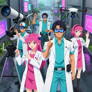 An anime scene showing 4 characters. 1. a female anime character with a petite build, cute face, no facial hair, long hair with a bow hair accessory 2. a male anime character with a broader, muscular build, short spiky hair, light stubble, wearing a neatly buttoned work shirt with epaulets and a zipped front, a utility belt with a small battery pack that connects to his eyeglasses, flat chest with no breasts 3. a male anime character with a lean, wiry build, short wavy hair, clean-shaven, wearing a neatly buttoned utility shirt with a buttoned collar and chest pockets snapped shut, a utility belt with a small battery pack that connects to his eyeglasses, flat chest with no breasts 4. a female anime character with a slim build, gentle features, no facial hair, hair in a bob with a headband All characters wear bright cyan and pink medical team (white lab coats) with a modern royalty aesthetic. Each character wears two small lapel pins — one showing a pair of tiny red cherries joined by a slim green stem and one showing a tiny silver hex nut. Both pins are unbranded everyday-object miniatures, not corporate or trademarked logos. One character wears a baseball cap. One character has compact filtration mask clipped to the belt. Only one character gestures — the others focus on their tasks without gesturing or pointing. Characters speak to devices, check readings, touch their own fingertips together to transmit data, and wear AR glasses. No character touches a keyboard or looks at a screen. No character waves at the camera. No character faces the viewer directly. The team is operating a literal telescope in a rain-soaked city alley with neon signs reflecting in puddles. Exactly 4 characters in this scene — no more, no fewer. One operates a camera on a stabilized rig, framing the shot perfectly. One controls a crane or lift, moving materials with precision and care. One drives a vehicle steadily along a route, eyes on the road or path. One pilots a drone through a pre-planned flight path, monitoring telemetry. No male character wears a skirt, kilt, or apron over pants or formal shirts. Exactly 4 characters total. The image must contain precisely 4 characters.NO TEXT anywhere in this image — no speech bubbles, no word bubbles, no labels, no signs, no writing of any kind. Anime style, vibrant colors, clean composition, cinematic lighting.