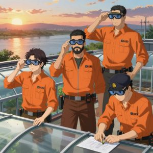 An anime scene showing 3 characters. 1. a male anime character with a lean, wiry build, short wavy hair, clean-shaven, wearing a neatly buttoned utility shirt with a buttoned collar and chest pockets snapped shut, a utility belt with a small battery pack that connects to his eyeglasses, flat chest with no breasts 2. a male anime character with a stocky, strong build, short undercut hair, full beard, wearing a neatly buttoned work jacket with a full zip front and rolled sleeves, a utility belt with a small battery pack that connects to his eyeglasses, flat chest with no breasts 3. a male anime character with a tall, sturdy build, short side-part hair, light goatee, wearing a neatly buttoned collared work shirt with sleeves rolled up, a utility belt with a small battery pack that connects to his eyeglasses, flat chest with no breasts All characters wear warm orange and brown fishing trawler crew with a secret agent aesthetic. Each character wears two small lapel pins β one showing the the Amazon logo β a smile arrow from A to Z in black on orange text (real brand), and one showing the USDT token symbol β a T with a double horizontal line logo (abstract). One character wears a captain's hat. One character has safety goggles with AR overlay lenses. Only one character gestures β the others focus on their tasks without gesturing or pointing. Characters speak to devices, check readings, touch their own fingertips together to transmit data, and wear AR glasses. No character touches a keyboard or looks at a screen. No character waves at the camera. No character faces the viewer directly. The team is building a literal greenhouse in a rooftop terrace at sunset overlooking a wide river. Exactly 3 characters in this scene β no more, no fewer. One sands a surface smooth before applying finish, feeling for imperfections. One cuts material to exact measurements, double-checking against the plan. One assembles components using the correct fasteners and techniques. No male character wears a skirt, kilt, or apron over pants or formal shirts. Exactly 3 characters total. The image must contain precisely 3 characters.NO TEXT anywhere in this image β no speech bubbles, no word bubbles, no labels, no signs, no writing of any kind. Anime style, vibrant colors, clean composition, cinematic lighting.