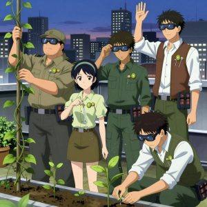 An anime scene showing 4 characters. 1. a male anime character with a broader, muscular build, short spiky hair, light stubble, wearing a neatly buttoned work shirt with epaulets and a zipped front, a utility belt with a small battery pack that connects to his eyeglasses, flat chest with no breasts 2. a female anime character with a slim build, gentle features, no facial hair, hair in a bob with a headband 3. a male anime character with a lean, medium build, short textured hair, light stubble, wearing a neatly buttoned utility smock with a buttoned collar and chest flaps closed, a utility belt with a small battery pack that connects to his eyeglasses, flat chest with no breasts 4. a male anime character with a tall, lean build, short messy hair, clean-shaven, wearing a neatly pressed collared button-up with a vest over top, a utility belt with a small battery pack that connects to his eyeglasses, flat chest with no breasts All characters wear earthy green and tan surveying team with a new year's eve aesthetic. Each character wears two small lapel pins β one showing a tiny kiwi slice showing the green flesh with tiny black seeds and white center and one showing a tiny flathead screwdriver with a clear handle. Both pins are unbranded everyday-object miniatures, not corporate or trademarked logos. One character wears a newsboy cap. One character has cooling vest worn under the uniform. Only one character gestures β the others focus on their tasks without gesturing or pointing. Characters speak to devices, check readings, touch their own fingertips together to transmit data, and wear AR glasses. No character touches a keyboard or looks at a screen. No character waves at the camera. No character faces the viewer directly. The team is cultivating a literal windmill in a bustling urban rooftop garden with city skyline at dusk. Exactly 4 characters in this scene β no more, no fewer. One trellises a climbing plant, guiding it along a support with gentle care. One waters a young seedling by hand, checking soil moisture first. One prunes dead growth to encourage healthy new shoots. One applies fertilizer in careful doses around the root zone. No male character wears a skirt, kilt, or apron over pants or formal shirts. Exactly 4 characters total. The image must contain precisely 4 characters.NO TEXT anywhere in this image β no speech bubbles, no word bubbles, no labels, no signs, no writing of any kind. Anime style, vibrant colors, clean composition, cinematic lighting.
