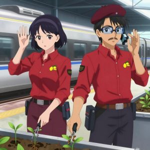 An anime scene showing 2 characters. 1. a male anime character with a fit, medium build, short slicked-back hair, light mustache, wearing a neatly buttoned work polo with a collared neck and buttoned cuffs, a utility belt with a small battery pack that connects to his eyeglasses, flat chest with no breasts 2. a female anime character with a slim build, gentle features, no facial hair, hair in a bob with a headband All characters wear crimson and charcoal field research team with a maximalist minimalist aesthetic. Each character wears two small lapel pins β one showing a tiny yellow lemon with a small green leaf attached and one showing a tiny yellow tape measure coiled into a small circle. Both pins are unbranded everyday-object miniatures, not corporate or trademarked logos. One character wears a beret. One character has signal reflector patch on the shoulder. Only one character gestures β the others focus on their tasks without gesturing or pointing. Characters speak to devices, check readings, touch their own fingertips together to transmit data, and wear AR glasses. No character touches a keyboard or looks at a screen. No character waves at the camera. No character faces the viewer directly. The team is cultivating a literal outpost in a high-speed rail platform with a train arriving in a blur of silver. Exactly 2 characters in this scene β no more, no fewer. One applies fertilizer in careful doses around the root zone. One prunes dead growth to encourage healthy new shoots. No male character wears a skirt, kilt, or apron over pants or formal shirts. Exactly 2 characters total. The image must contain precisely 2 characters.NO TEXT anywhere in this image β no speech bubbles, no word bubbles, no labels, no signs, no writing of any kind. Anime style, vibrant colors, clean composition, cinematic lighting.