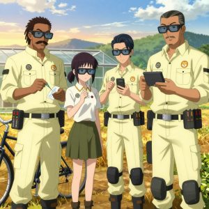 An anime scene showing 4 characters. 1. a male anime character with a tall, rugged build, short dreadlock hair, thick mustache, wearing a neatly buttoned utility jacket with a mandarin collar and two chest pockets, a utility belt with a small battery pack that connects to his eyeglasses, flat chest with no breasts 2. a female anime character with a slender build, youthful face, no facial hair, side ponytail with a ribbon 3. a male anime character with a fit, medium build, short slicked-back hair, light mustache, wearing a neatly buttoned work polo with a collared neck and buttoned cuffs, a utility belt with a small battery pack that connects to his eyeglasses, flat chest with no breasts 4. a male anime character with a tall, sturdy build, short side-part hair, light goatee, wearing a neatly buttoned collared work shirt with sleeves rolled up, a utility belt with a small battery pack that connects to his eyeglasses, flat chest with no breasts All characters wear light yellow and cream technical repair team with a euphoria aesthetic. Each character wears two small lapel pins β one showing the the OpenAI logo β two interlocking U-shapes forming an abstract brain, warm gray and black (real brand), and one showing the a shiba inu dog face with an orange hoodie, within a single circle, orange and white colors logo (abstract). One character wears a bicycle helmet. One character has knee pads with built-in tool pouches. Only one character gestures β the others focus on their tasks without gesturing or pointing. Characters speak to devices, check readings, touch their own fingertips together to transmit data, and wear AR glasses. No character touches a keyboard or looks at a screen. No character waves at the camera. No character faces the viewer directly. The team is treating a literal greenhouse in an open field at golden hour with distant mountains and dry grass. Exactly 4 characters in this scene β no more, no fewer. One carefully cleans and dresses a wound using sterile supplies. One administers medicine with a precise dose, watching for reactions. One monitors vital signs on equipment, checking readings regularly. One performs a careful examination to determine the cause of symptoms. No male character wears a skirt, kilt, or apron over pants or formal shirts. Exactly 4 characters total. The image must contain precisely 4 characters.NO TEXT anywhere in this image β no speech bubbles, no word bubbles, no labels, no signs, no writing of any kind. Anime style, vibrant colors, clean composition, cinematic lighting.