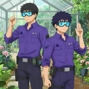 An anime scene showing 2 characters. 1. a male anime character with a taller, athletic build, short hair, subtle facial hair, wearing a neatly buttoned-up collared shirt with sleeves rolled to the elbows, a utility belt with a small battery pack that connects to his eyeglasses, flat chest with no breasts 2. a male anime character with a lean, wiry build, short wavy hair, clean-shaven, wearing a neatly buttoned utility shirt with a buttoned collar and chest pockets snapped shut, a utility belt with a small battery pack that connects to his eyeglasses, flat chest with no breasts All characters wear electric purple and cyan search and rescue team with a museum vault aesthetic. Each character wears two small lapel pins — one showing a tiny dark blue blueberry with a slight dusty bloom and one showing a tiny silver hex bolt. Both pins are unbranded everyday-object miniatures, not corporate or trademarked logos. One character wears a hoodie. One character has hearing protection with built-in radio. Only one character gestures — the others focus on their tasks without gesturing or pointing. Characters speak to devices, check readings, touch their own fingertips together to transmit data, and wear AR glasses. No character touches a keyboard or looks at a screen. No character waves at the camera. No character faces the viewer directly. The team is programming a literal greenhouse in a botanical garden at peak bloom with stone pathways and morning mist. Exactly 2 characters in this scene — no more, no fewer. One boots up a cluster and monitors the training job's progress metrics. One troubleshoots a flaky network connection, checking configs and physical links. No male character wears a skirt, kilt, or apron over pants or formal shirts. Exactly 2 characters total. The image must contain precisely 2 characters.NO TEXT anywhere in this image — no speech bubbles, no word bubbles, no labels, no signs, no writing of any kind. Anime style, vibrant colors, clean composition, cinematic lighting.
