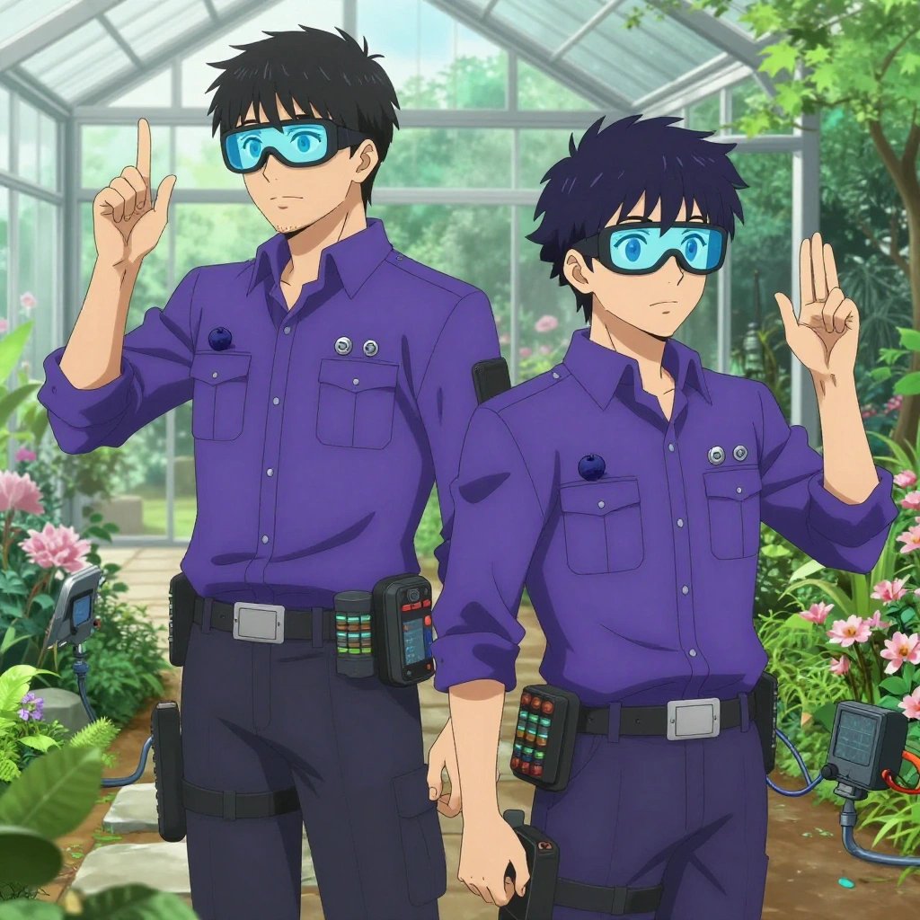 An anime scene showing 2 characters. 1. a male anime character with a taller, athletic build, short hair, subtle facial hair, wearing a neatly buttoned-up collared shirt with sleeves rolled to the elbows, a utility belt with a small battery pack that connects to his eyeglasses, flat chest with no breasts 2. a male anime character with a lean, wiry build, short wavy hair, clean-shaven, wearing a neatly buttoned utility shirt with a buttoned collar and chest pockets snapped shut, a utility belt with a small battery pack that connects to his eyeglasses, flat chest with no breasts All characters wear electric purple and cyan search and rescue team with a museum vault aesthetic. Each character wears two small lapel pins — one showing a tiny dark blue blueberry with a slight dusty bloom and one showing a tiny silver hex bolt. Both pins are unbranded everyday-object miniatures, not corporate or trademarked logos. One character wears a hoodie. One character has hearing protection with built-in radio. Only one character gestures — the others focus on their tasks without gesturing or pointing. Characters speak to devices, check readings, touch their own fingertips together to transmit data, and wear AR glasses. No character touches a keyboard or looks at a screen. No character waves at the camera. No character faces the viewer directly. The team is programming a literal greenhouse in a botanical garden at peak bloom with stone pathways and morning mist. Exactly 2 characters in this scene — no more, no fewer. One boots up a cluster and monitors the training job's progress metrics. One troubleshoots a flaky network connection, checking configs and physical links. No male character wears a skirt, kilt, or apron over pants or formal shirts. Exactly 2 characters total. The image must contain precisely 2 characters.NO TEXT anywhere in this image — no speech bubbles, no word bubbles, no labels, no signs, no writing of any kind. Anime style, vibrant colors, clean composition, cinematic lighting.