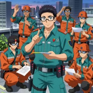 An anime scene showing 1 characters. 1. a male anime character with a broader, muscular build, short spiky hair, light stubble, wearing a neatly buttoned work shirt with epaulets and a zipped front, a utility belt with a small battery pack that connects to his eyeglasses, flat chest with no breasts All characters wear teal and burnt orange hazardous disposal team with a patterns aesthetic. Each character wears two small lapel pins β one showing a tiny red strawberry with green leaves, round and bright and one showing a tiny silver key blank with a simple round bow. Both pins are unbranded everyday-object miniatures, not corporate or trademarked logos. One character wears a top hat. One character has utility sheathes on the belt for hand tools. Only one character gestures β the others focus on their tasks without gesturing or pointing. Characters speak to devices, check readings, touch their own fingertips together to transmit data, and wear AR glasses. No character touches a keyboard or looks at a screen. No character waves at the camera. No character faces the viewer directly. The team is building a literal coastguard in a bustling urban rooftop garden with city skyline at dusk. Exactly 1 characters in this scene β no more, no fewer. One cuts material to exact measurements, double-checking against the plan. No male character wears a skirt, kilt, or apron over pants or formal shirts. Exactly 1 characters total. The image must contain precisely 1 characters.NO TEXT anywhere in this image β no speech bubbles, no word bubbles, no labels, no signs, no writing of any kind. Anime style, vibrant colors, clean composition, cinematic lighting.
