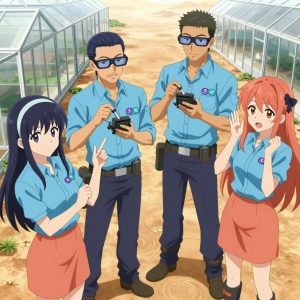 An anime scene showing 4 characters. 1. a female anime character with a petite build, expressive eyes, no facial hair, long straight hair with a ribbon headband 2. a male anime character with a fit, medium build, short slicked-back hair, light mustache, wearing a neatly buttoned work polo with a collared neck and buttoned cuffs, a utility belt with a small battery pack that connects to his eyeglasses, flat chest with no breasts 3. a male anime character with a taller, athletic build, short hair, subtle facial hair, wearing a neatly buttoned-up collared shirt with sleeves rolled to the elbows, a utility belt with a small battery pack that connects to his eyeglasses, flat chest with no breasts 4. a female anime character with a petite build, cute face, no facial hair, long hair with a bow hair accessory All characters wear light blue and coral surveying team with a halloween aesthetic. Each character wears two small lapel pins β one showing the the Solana logo β a gradient circle with a stylized wave S-mark inside, purple and teal (real brand), and one showing the stylized H with an open crossbar inside a circle, teal and cyan colors logo (abstract). One character wears a fedora. One character has calibrated ankle strap for terrain mapping. Only one character gestures β the others focus on their tasks without gesturing or pointing. Characters speak to devices, check readings, touch their own fingertips together to transmit data, and wear AR glasses. No character touches a keyboard or looks at a screen. No character waves at the camera. No character faces the viewer directly. The team is repairing a literal greenhouse in a dusty desert road stretching to the horizon under a blazing sun. Exactly 4 characters in this scene β no more, no fewer. One replaces a worn component with a fresh part, checking the fit twice. One cleans a critical part with solvent, working in a well-ventilated spot. One recalibrates the device to factory specifications step by step. One diagnoses the fault by listening to how the mechanism sounds. No male character wears a skirt, kilt, or apron over pants or formal shirts. Exactly 4 characters total. The image must contain precisely 4 characters.NO TEXT anywhere in this image β no speech bubbles, no word bubbles, no labels, no signs, no writing of any kind. Anime style, vibrant colors, clean composition, cinematic lighting.