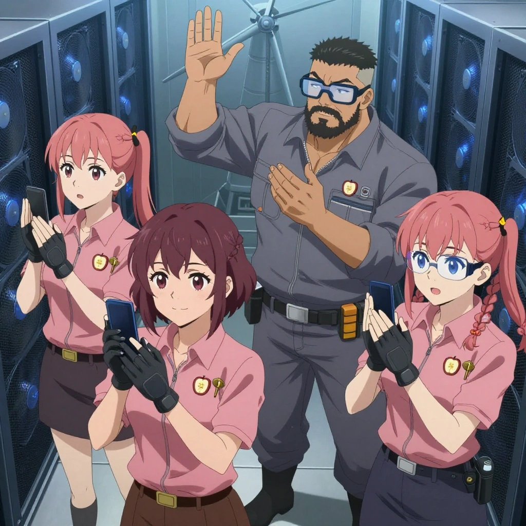 An anime scene showing 4 characters. 1. a female anime character with a slender build, youthful face, no facial hair, side ponytail with a ribbon 2. a female anime character with a smaller build, soft smile, no facial hair, hair in loose curls with a small hair clip 3. a male anime character with a stocky, strong build, short undercut hair, full beard, wearing a neatly buttoned work jacket with a full zip front and rolled sleeves, a utility belt with a small battery pack that connects to his eyeglasses, flat chest with no breasts 4. a female anime character with a petite build, soft features, no facial hair, hair in twin braids with small flower clips All characters wear muted rose and gray engineering team with a halloween aesthetic. Each character wears two small lapel pins — one showing a tiny apple slice showing the star pattern of seeds in the middle and one showing a tiny brass thumbtack with a flat head. Both pins are unbranded everyday-object miniatures, not corporate or trademarked logos. One character wears a captain's hat. One character has gloves with fingertip sensors. Character #3 slow clapping — both open hands tapping together repeatedly, clearly visible, hands large and clearly visible in the foreground. Only one character gestures — the others focus on their tasks without gesturing or pointing. Characters speak to devices, check readings, touch their own fingertips together to transmit data, and wear AR glasses. No character touches a keyboard or looks at a screen. No character waves at the camera. No character faces the viewer directly. The team is practicing a literal windmill in a high-tech server room humming with cooling fans and blue light. Exactly 4 characters in this scene — no more, no fewer. One performs with genuine expression, letting the music carry the emotion. One coaches a teammate on technique with constructive pointers. One trains hard on a course, learning from each previous attempt. One practices a difficult passage with full concentration, building muscle memory. No male character wears a skirt, kilt, or apron over pants or formal shirts. Exactly 4 characters total. The image must contain precisely 4 characters.NO TEXT anywhere in this image — no speech bubbles, no word bubbles, no labels, no signs, no writing of any kind. Anime style, vibrant colors, clean composition, cinematic lighting.