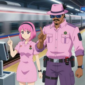 An anime scene showing 2 characters. 1. a male anime character with a tall, rugged build, short dreadlock hair, thick mustache, wearing a neatly buttoned utility jacket with a mandarin collar and two chest pockets, a utility belt with a small battery pack that connects to his eyeglasses, flat chest with no breasts 2. a female anime character with a slim build, gentle features, no facial hair, hair in a bob with a headband All characters wear pastel pink and lavender engineering team with a game night aesthetic. Each character wears two small lapel pins β one showing the the Stripe logo β two diagonal lines forming a forward slash through a red circle (real brand), and one showing the hexagon-diamond shape with a Y inside, blue and yellow logo (abstract). One character wears a fedora. One character has magnetic screwdriver wristband. Only one character gestures β the others focus on their tasks without gesturing or pointing. Characters speak to devices, check readings, touch their own fingertips together to transmit data, and wear AR glasses. No character touches a keyboard or looks at a screen. No character waves at the camera. No character faces the viewer directly. The team is treating a literal outpost in a high-speed rail platform with a train arriving in a blur of silver. Exactly 2 characters in this scene β no more, no fewer. One performs a careful examination to determine the cause of symptoms. One monitors vital signs on equipment, checking readings regularly. No male character wears a skirt, kilt, or apron over pants or formal shirts. Exactly 2 characters total. The image must contain precisely 2 characters.NO TEXT anywhere in this image β no speech bubbles, no word bubbles, no labels, no signs, no writing of any kind. Anime style, vibrant colors, clean composition, cinematic lighting.