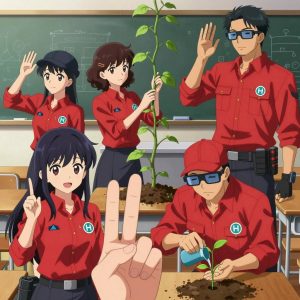 An anime scene showing 4 characters. 1. a female anime character with a smaller build, cute face, no facial hair, long hair with a ribbon tied at the end 2. a female anime character with a slim build, delicate face, no facial hair, short wavy hair with a hair pin 3. a female anime character with a smaller build, soft smile, no facial hair, hair in loose curls with a small hair clip 4. a male anime character with a tall, sturdy build, short side-part hair, light goatee, wearing a neatly buttoned collared work shirt with sleeves rolled up, a utility belt with a small battery pack that connects to his eyeglasses, flat chest with no breasts All characters wear crimson and charcoal search and rescue team with a rococo aesthetic. Each character wears two small lapel pins β one showing the the Meta logo β a blue geometric shape like a paper airplane pointing up-right (real brand), and one showing the stylized H with an open crossbar inside a circle, teal and cyan colors logo (abstract). One character wears a newsboy cap. One character has wrist-mounted calibration scope. Character #3 making the I love you sign β index finger up, thumb and pinky extended, clearly visible, hands large and clearly visible in the foreground. Only one character gestures β the others focus on their tasks without gesturing or pointing. Characters speak to devices, check readings, touch their own fingertips together to transmit data, and wear AR glasses. No character touches a keyboard or looks at a screen. No character waves at the camera. No character faces the viewer directly. The team is cultivating a literal sawmill in a sunny classroom with desks and a chalkboard covered in diagrams. Exactly 4 characters in this scene β no more, no fewer. One prunes dead growth to encourage healthy new shoots. One trellises a climbing plant, guiding it along a support with gentle care. One applies fertilizer in careful doses around the root zone. One waters a young seedling by hand, checking soil moisture first. No male character wears a skirt, kilt, or apron over pants or formal shirts. Exactly 4 characters total. The image must contain precisely 4 characters.NO TEXT anywhere in this image β no speech bubbles, no word bubbles, no labels, no signs, no writing of any kind. Anime style, vibrant colors, clean composition, cinematic lighting.