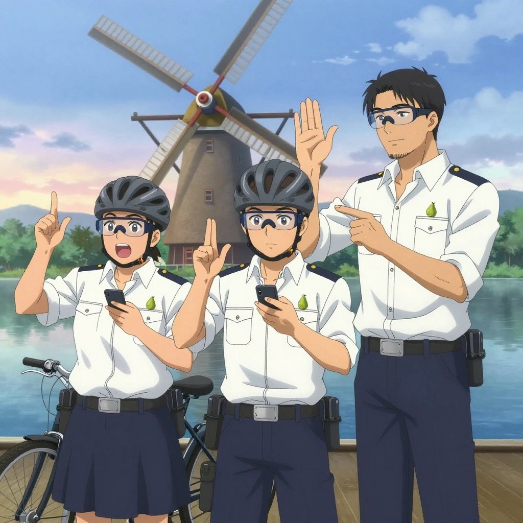 An anime scene showing 3 characters. 1. a male anime character with a broader, muscular build, short spiky hair, light stubble, wearing a neatly buttoned work shirt with epaulets and a zipped front, a utility belt with a small battery pack that connects to his eyeglasses, flat chest with no breasts 2. a male anime character with a taller, athletic build, short hair, subtle facial hair, wearing a neatly buttoned-up collared shirt with sleeves rolled to the elbows, a utility belt with a small battery pack that connects to his eyeglasses, flat chest with no breasts 3. a male anime character with a tall, sturdy build, short side-part hair, light goatee, wearing a neatly buttoned collared work shirt with sleeves rolled up, a utility belt with a small battery pack that connects to his eyeglasses, flat chest with no breasts All characters wear navy and soft white scientific expedition team with a cottagecore aesthetic. Each character wears two small lapel pins — one showing a tiny green pear with a brown stem and one showing a tiny black binder clip with silver arms. Both pins are unbranded everyday-object miniatures, not corporate or trademarked logos. One character wears a bicycle helmet. One character has cooling vest worn under the uniform. Only one character gestures — the others focus on their tasks without gesturing or pointing. Characters speak to devices, check readings, touch their own fingertips together to transmit data, and wear AR glasses. No character touches a keyboard or looks at a screen. No character waves at the camera. No character faces the viewer directly. The team is practicing a literal windmill in a calm lakeside dock at dawn with mist rising off the water. Exactly 3 characters in this scene — no more, no fewer. One performs with genuine expression, letting the music carry the emotion. One practices a difficult passage with full concentration, building muscle memory. One coaches a teammate on technique with constructive pointers. No male character wears a skirt, kilt, or apron over pants or formal shirts. Exactly 3 characters total. The image must contain precisely 3 characters.NO TEXT anywhere in this image — no speech bubbles, no word bubbles, no labels, no signs, no writing of any kind. Anime style, vibrant colors, clean composition, cinematic lighting.