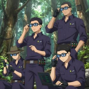 An anime scene showing 4 characters. 1. a male anime character with a lean, medium build, short textured hair, light stubble, wearing a neatly buttoned utility smock with a buttoned collar and chest flaps closed, a utility belt with a small battery pack that connects to his eyeglasses, flat chest with no breasts 2. a male anime character with a fit, medium build, short slicked-back hair, light mustache, wearing a neatly buttoned work polo with a collared neck and buttoned cuffs, a utility belt with a small battery pack that connects to his eyeglasses, flat chest with no breasts 3. a male anime character with a taller, athletic build, short hair, subtle facial hair, wearing a neatly buttoned-up collared shirt with sleeves rolled to the elbows, a utility belt with a small battery pack that connects to his eyeglasses, flat chest with no breasts 4. a male anime character with a tall, sturdy build, short side-part hair, light goatee, wearing a neatly buttoned collared work shirt with sleeves rolled up, a utility belt with a small battery pack that connects to his eyeglasses, flat chest with no breasts All characters wear dark purple and silver fishing trawler crew with a renaissance aesthetic. Each character wears two small lapel pins — one showing a tiny green pear with a brown stem and one showing a tiny flathead screwdriver with a clear handle. Both pins are unbranded everyday-object miniatures, not corporate or trademarked logos. One character wears a fedora. One character has gloves with fingertip sensors. Only one character gestures — the others focus on their tasks without gesturing or pointing. Characters speak to devices, check readings, touch their own fingertips together to transmit data, and wear AR glasses. No character touches a keyboard or looks at a screen. No character waves at the camera. No character faces the viewer directly. The team is programming a literal outpost in an old-growth forest with shafts of light cutting through the canopy. Exactly 4 characters in this scene — no more, no fewer. One troubleshoots a flaky network connection, checking configs and physical links. One deploys an update to production, watching dashboards for anomalies. One boots up a cluster and monitors the training job's progress metrics. One writes and tests code, iterating based on what runs correctly. No male character wears a skirt, kilt, or apron over pants or formal shirts. Exactly 4 characters total. The image must contain precisely 4 characters.NO TEXT anywhere in this image — no speech bubbles, no word bubbles, no labels, no signs, no writing of any kind. Anime style, vibrant colors, clean composition, cinematic lighting.