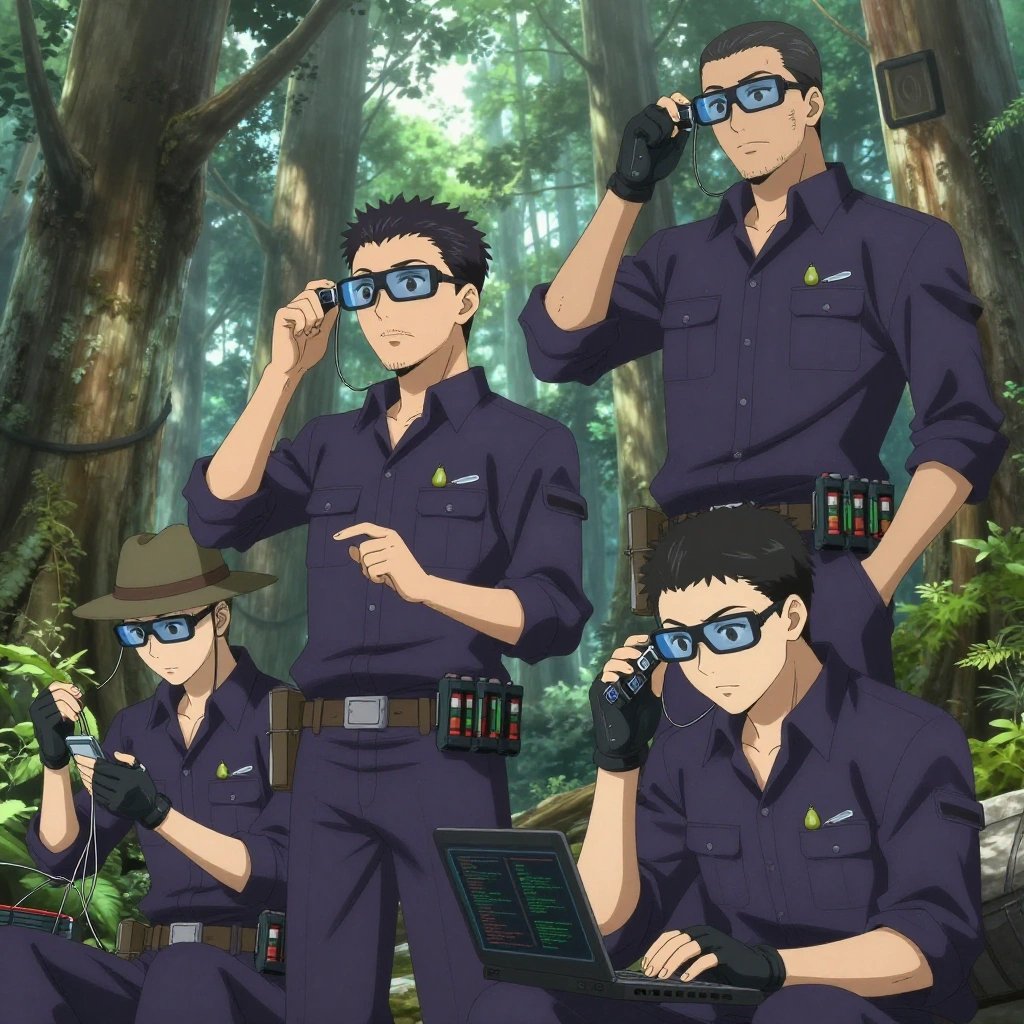 An anime scene showing 4 characters. 1. a male anime character with a lean, medium build, short textured hair, light stubble, wearing a neatly buttoned utility smock with a buttoned collar and chest flaps closed, a utility belt with a small battery pack that connects to his eyeglasses, flat chest with no breasts 2. a male anime character with a fit, medium build, short slicked-back hair, light mustache, wearing a neatly buttoned work polo with a collared neck and buttoned cuffs, a utility belt with a small battery pack that connects to his eyeglasses, flat chest with no breasts 3. a male anime character with a taller, athletic build, short hair, subtle facial hair, wearing a neatly buttoned-up collared shirt with sleeves rolled to the elbows, a utility belt with a small battery pack that connects to his eyeglasses, flat chest with no breasts 4. a male anime character with a tall, sturdy build, short side-part hair, light goatee, wearing a neatly buttoned collared work shirt with sleeves rolled up, a utility belt with a small battery pack that connects to his eyeglasses, flat chest with no breasts All characters wear dark purple and silver fishing trawler crew with a renaissance aesthetic. Each character wears two small lapel pins — one showing a tiny green pear with a brown stem and one showing a tiny flathead screwdriver with a clear handle. Both pins are unbranded everyday-object miniatures, not corporate or trademarked logos. One character wears a fedora. One character has gloves with fingertip sensors. Only one character gestures — the others focus on their tasks without gesturing or pointing. Characters speak to devices, check readings, touch their own fingertips together to transmit data, and wear AR glasses. No character touches a keyboard or looks at a screen. No character waves at the camera. No character faces the viewer directly. The team is programming a literal outpost in an old-growth forest with shafts of light cutting through the canopy. Exactly 4 characters in this scene — no more, no fewer. One troubleshoots a flaky network connection, checking configs and physical links. One deploys an update to production, watching dashboards for anomalies. One boots up a cluster and monitors the training job's progress metrics. One writes and tests code, iterating based on what runs correctly. No male character wears a skirt, kilt, or apron over pants or formal shirts. Exactly 4 characters total. The image must contain precisely 4 characters.NO TEXT anywhere in this image — no speech bubbles, no word bubbles, no labels, no signs, no writing of any kind. Anime style, vibrant colors, clean composition, cinematic lighting.