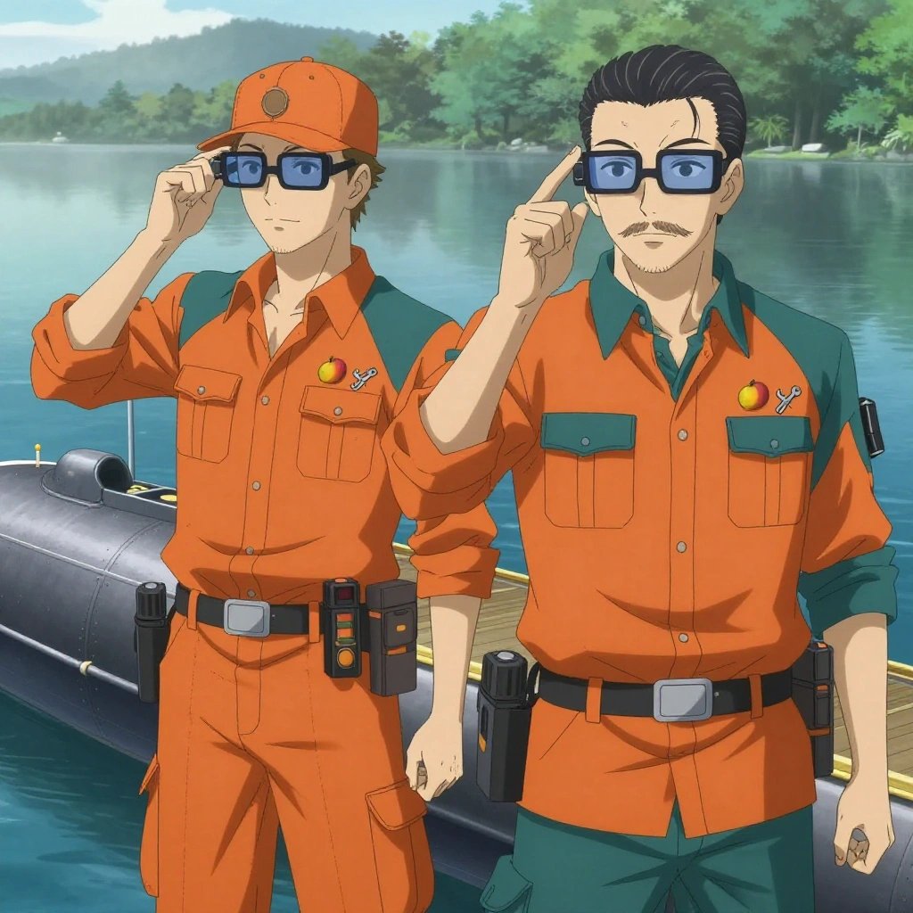 An anime scene showing 2 characters. 1. a male anime character with a lean, medium build, short textured hair, light stubble, wearing a neatly buttoned utility smock with a buttoned collar and chest flaps closed, a utility belt with a small battery pack that connects to his eyeglasses, flat chest with no breasts 2. a male anime character with a fit, medium build, short slicked-back hair, light mustache, wearing a neatly buttoned work polo with a collared neck and buttoned cuffs, a utility belt with a small battery pack that connects to his eyeglasses, flat chest with no breasts All characters wear vibrant orange and teal surveying team with a me in 50 years aesthetic. Each character wears two small lapel pins — one showing a tiny yellow-orange mango with a hint of red blush and one showing a tiny silver open-end wrench, miniature. Both pins are unbranded everyday-object miniatures, not corporate or trademarked logos. One character wears a top hat. One character has wrist-mounted calibration scope. Only one character gestures — the others focus on their tasks without gesturing or pointing. Characters speak to devices, check readings, touch their own fingertips together to transmit data, and wear AR glasses. No character touches a keyboard or looks at a screen. No character waves at the camera. No character faces the viewer directly. The team is building a literal submarine in a calm lakeside dock at dawn with mist rising off the water. Exactly 2 characters in this scene — no more, no fewer. One checks alignment and level before securing each joint. One cuts material to exact measurements, double-checking against the plan. No male character wears a skirt, kilt, or apron over pants or formal shirts. Exactly 2 characters total. The image must contain precisely 2 characters.NO TEXT anywhere in this image — no speech bubbles, no word bubbles, no labels, no signs, no writing of any kind. Anime style, vibrant colors, clean composition, cinematic lighting.