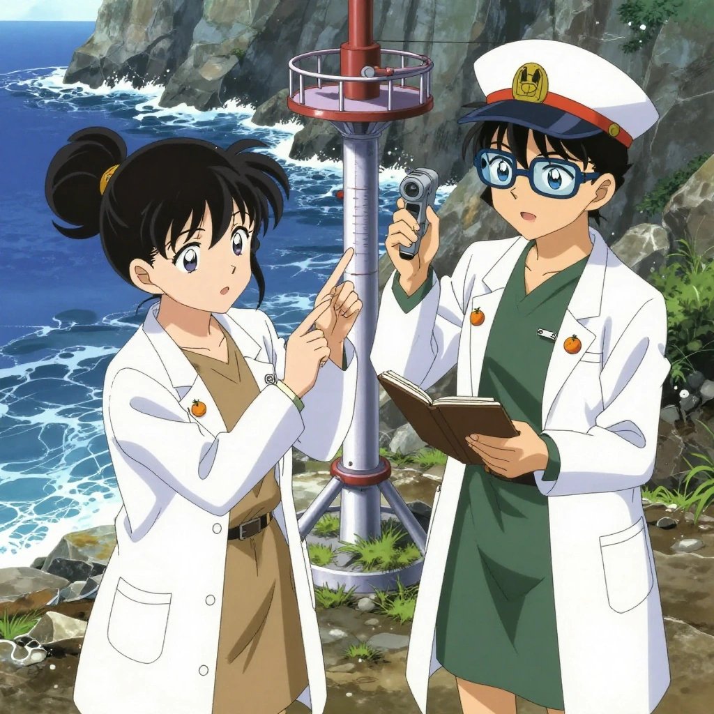 An anime scene showing 2 characters. 1. a female anime character with a small build, round face, no facial hair, hair in a high ponytail with a bow 2. a female anime character with a small build, no facial hair, hair in a bun with a decorative pin, wearing a skirt All characters wear earthy green and tan medical team (white lab coats) with a apology video aesthetic. Each character wears two small lapel pins — one showing a tiny round tangerine with a small dimpled peel texture and one showing a tiny silver safety pin closed into a loop. Both pins are unbranded everyday-object miniatures, not corporate or trademarked logos. One character wears a captain's hat. One character has wrist-mounted calibration scope. Only one character gestures — the others focus on their tasks without gesturing or pointing. Characters speak to devices, check readings, touch their own fingertips together to transmit data, and wear AR glasses. No character touches a keyboard or looks at a screen. No character waves at the camera. No character faces the viewer directly. The team is measuring a literal radio tower in a rocky coastline with waves crashing against dark stone cliffs. Exactly 2 characters in this scene — no more, no fewer. One verifies dimensions with a precision tool, comparing to the specification. One takes a precise reading with a calibrated instrument, recording it in a logbook. No male character wears a skirt, kilt, or apron over pants or formal shirts. Exactly 2 characters total. The image must contain precisely 2 characters.NO TEXT anywhere in this image — no speech bubbles, no word bubbles, no labels, no signs, no writing of any kind. Anime style, vibrant colors, clean composition, cinematic lighting.