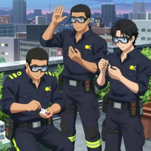 An anime scene showing 3 characters. 1. a male anime character with a broader, muscular build, short spiky hair, light stubble, wearing a neatly buttoned work shirt with epaulets and a zipped front, a utility belt with a small battery pack that connects to his eyeglasses, flat chest with no breasts 2. a male anime character with a taller, athletic build, short hair, subtle facial hair, wearing a neatly buttoned-up collared shirt with sleeves rolled to the elbows, a utility belt with a small battery pack that connects to his eyeglasses, flat chest with no breasts 3. a male anime character with a lean, wiry build, short wavy hair, clean-shaven, wearing a neatly buttoned utility shirt with a buttoned collar and chest pockets snapped shut, a utility belt with a small battery pack that connects to his eyeglasses, flat chest with no breasts All characters wear charcoal and neon yellow search and rescue team with a holiday aesthetic. Each character wears two small lapel pins β one showing a tiny yellow lemon with a small green leaf attached and one showing a tiny wooden clothespin with a metal spring. Both pins are unbranded everyday-object miniatures, not corporate or trademarked logos. One character wears a beanie. One character has hearing protection with built-in radio. Only one character gestures β the others focus on their tasks without gesturing or pointing. Characters speak to devices, check readings, touch their own fingertips together to transmit data, and wear AR glasses. No character touches a keyboard or looks at a screen. No character waves at the camera. No character faces the viewer directly. The team is treating a literal aqueduct in a bustling urban rooftop garden with city skyline at dusk. Exactly 3 characters in this scene β no more, no fewer. One carefully cleans and dresses a wound using sterile supplies. One performs a careful examination to determine the cause of symptoms. One administers medicine with a precise dose, watching for reactions. No male character wears a skirt, kilt, or apron over pants or formal shirts. Exactly 3 characters total. The image must contain precisely 3 characters.NO TEXT anywhere in this image β no speech bubbles, no word bubbles, no labels, no signs, no writing of any kind. Anime style, vibrant colors, clean composition, cinematic lighting.
