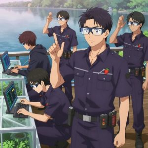 An anime scene showing 1 characters. 1. a male anime character with a lean, medium build, short textured hair, light stubble, wearing a neatly buttoned utility smock with a buttoned collar and chest flaps closed, a utility belt with a small battery pack that connects to his eyeglasses, flat chest with no breasts All characters wear dark purple and silver maintenance crew with a teacher aesthetic. Each character wears two small lapel pins — one showing a tiny red strawberry with green leaves, round and bright and one showing a tiny flathead screwdriver with a clear handle. Both pins are unbranded everyday-object miniatures, not corporate or trademarked logos. One character wears a hoodie. One character has magnetic screwdriver wristband. Only one character gestures — the others focus on their tasks without gesturing or pointing. Characters speak to devices, check readings, touch their own fingertips together to transmit data, and wear AR glasses. No character touches a keyboard or looks at a screen. No character waves at the camera. No character faces the viewer directly. The team is programming a literal greenhouse in a calm lakeside dock at dawn with mist rising off the water. Exactly 1 characters in this scene — no more, no fewer. One boots up a cluster and monitors the training job's progress metrics. No male character wears a skirt, kilt, or apron over pants or formal shirts. Exactly 1 characters total. The image must contain precisely 1 characters.NO TEXT anywhere in this image — no speech bubbles, no word bubbles, no labels, no signs, no writing of any kind. Anime style, vibrant colors, clean composition, cinematic lighting.