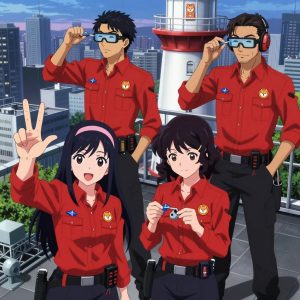 An anime scene showing 4 characters. 1. a female anime character with a petite build, expressive eyes, no facial hair, long straight hair with a ribbon headband 2. a male anime character with a lean, wiry build, short wavy hair, clean-shaven, wearing a neatly buttoned utility shirt with a buttoned collar and chest pockets snapped shut, a utility belt with a small battery pack that connects to his eyeglasses, flat chest with no breasts 3. a female anime character with a smaller build, soft smile, no facial hair, hair in loose curls with a small hair clip 4. a male anime character with a tall, sturdy build, short side-part hair, light goatee, wearing a neatly buttoned collared work shirt with sleeves rolled up, a utility belt with a small battery pack that connects to his eyeglasses, flat chest with no breasts All characters wear bold red and black scientific expedition team with a single colour aesthetic. Each character wears two small lapel pins β one showing the the Meta logo β a blue geometric shape like a paper airplane pointing up-right (real brand), and one showing the a shiba inu dog face with an orange hoodie, within a single circle, orange and white colors logo (abstract). One character wears a hoodie. One character has hearing protection with built-in radio. Character #3 fingerspelling the letter C β curved hand like holding a cup, held up clearly, hands large and clearly visible in the foreground. Only one character gestures β the others focus on their tasks without gesturing or pointing. Characters speak to devices, check readings, touch their own fingertips together to transmit data, and wear AR glasses. No character touches a keyboard or looks at a screen. No character waves at the camera. No character faces the viewer directly. The team is repairing a literal lighthouse in a bustling urban rooftop garden with city skyline at dusk. Exactly 4 characters in this scene β no more, no fewer. One recalibrates the device to factory specifications step by step. One cleans a critical part with solvent, working in a well-ventilated spot. One replaces a worn component with a fresh part, checking the fit twice. One diagnoses the fault by listening to how the mechanism sounds. No male character wears a skirt, kilt, or apron over pants or formal shirts. Exactly 4 characters total. The image must contain precisely 4 characters.NO TEXT anywhere in this image β no speech bubbles, no word bubbles, no labels, no signs, no writing of any kind. Anime style, vibrant colors, clean composition, cinematic lighting.