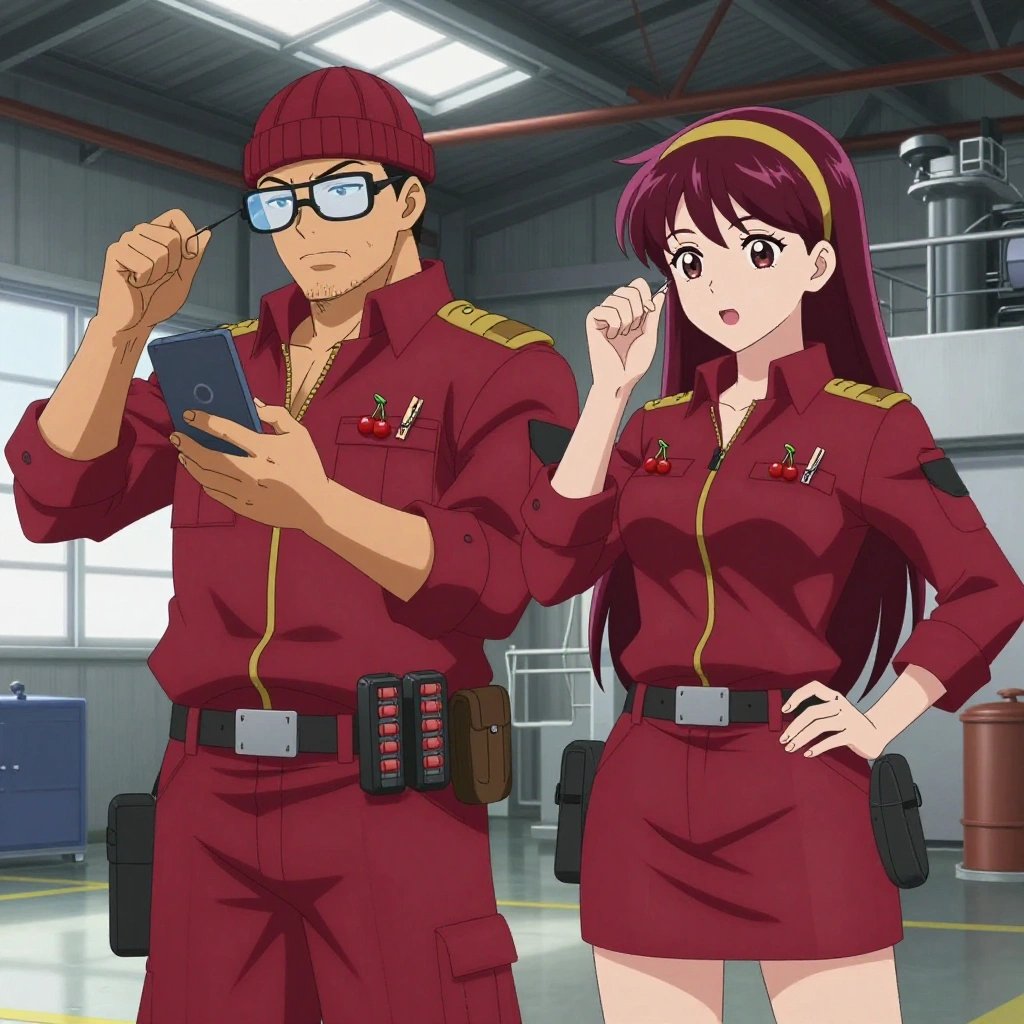 An anime scene showing 2 characters. 1. a male anime character with a broader, muscular build, short spiky hair, light stubble, wearing a neatly buttoned work shirt with epaulets and a zipped front, a utility belt with a small battery pack that connects to his eyeglasses, flat chest with no breasts 2. a female anime character with a petite build, expressive eyes, no facial hair, long straight hair with a ribbon headband All characters wear deep red and gold engineering team with a barbie aesthetic. Each character wears two small lapel pins — one showing a pair of tiny red cherries joined by a slim green stem and one showing a tiny wooden clothespin with a metal spring. Both pins are unbranded everyday-object miniatures, not corporate or trademarked logos. One character wears a beanie. One character has knee pads with built-in tool pouches. Only one character gestures — the others focus on their tasks without gesturing or pointing. Characters speak to devices, check readings, touch their own fingertips together to transmit data, and wear AR glasses. No character touches a keyboard or looks at a screen. No character waves at the camera. No character faces the viewer directly. The team is repairing a literal ferry in an industrial warehouse with natural light streaming through skylights. Exactly 2 characters in this scene — no more, no fewer. One recalibrates the device to factory specifications step by step. One diagnoses the fault by listening to how the mechanism sounds. No male character wears a skirt, kilt, or apron over pants or formal shirts. Exactly 2 characters total. The image must contain precisely 2 characters.NO TEXT anywhere in this image — no speech bubbles, no word bubbles, no labels, no signs, no writing of any kind. Anime style, vibrant colors, clean composition, cinematic lighting.
