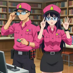 An anime scene showing 2 characters. 1. a male anime character with a lean, medium build, short textured hair, light stubble, wearing a neatly buttoned utility smock with a buttoned collar and chest flaps closed, a utility belt with a small battery pack that connects to his eyeglasses, flat chest with no breasts 2. a female anime character with a petite build, expressive eyes, no facial hair, long straight hair with a ribbon headband All characters wear hot pink and black fishing trawler crew with a halloween aesthetic. Each character wears two small lapel pins β one showing a tiny green pear with a brown stem and one showing a tiny round-headed pushpin in a bright color. Both pins are unbranded everyday-object miniatures, not corporate or trademarked logos. One character wears a captain's hat. One character has magnetic screwdriver wristband. Only one character gestures β the others focus on their tasks without gesturing or pointing. Characters speak to devices, check readings, touch their own fingertips together to transmit data, and wear AR glasses. No character touches a keyboard or looks at a screen. No character waves at the camera. No character faces the viewer directly. The team is repairing a literal amphitheater in a quiet library with floor-to-ceiling bookshelves and reading nooks. Exactly 2 characters in this scene β no more, no fewer. One diagnoses the fault by listening to how the mechanism sounds. One cleans a critical part with solvent, working in a well-ventilated spot. No male character wears a skirt, kilt, or apron over pants or formal shirts. Exactly 2 characters total. The image must contain precisely 2 characters.NO TEXT anywhere in this image β no speech bubbles, no word bubbles, no labels, no signs, no writing of any kind. Anime style, vibrant colors, clean composition, cinematic lighting.