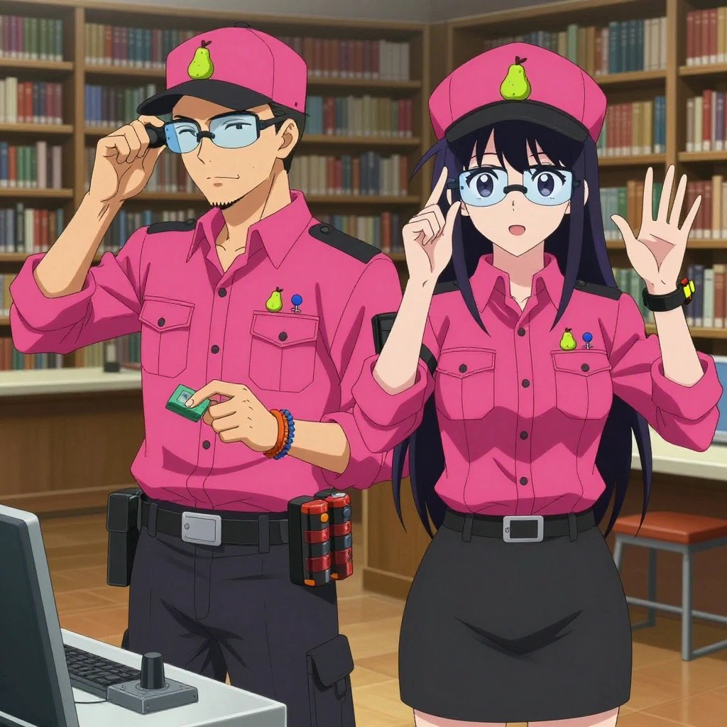 An anime scene showing 2 characters. 1. a male anime character with a lean, medium build, short textured hair, light stubble, wearing a neatly buttoned utility smock with a buttoned collar and chest flaps closed, a utility belt with a small battery pack that connects to his eyeglasses, flat chest with no breasts 2. a female anime character with a petite build, expressive eyes, no facial hair, long straight hair with a ribbon headband All characters wear hot pink and black fishing trawler crew with a halloween aesthetic. Each character wears two small lapel pins — one showing a tiny green pear with a brown stem and one showing a tiny round-headed pushpin in a bright color. Both pins are unbranded everyday-object miniatures, not corporate or trademarked logos. One character wears a captain's hat. One character has magnetic screwdriver wristband. Only one character gestures — the others focus on their tasks without gesturing or pointing. Characters speak to devices, check readings, touch their own fingertips together to transmit data, and wear AR glasses. No character touches a keyboard or looks at a screen. No character waves at the camera. No character faces the viewer directly. The team is repairing a literal amphitheater in a quiet library with floor-to-ceiling bookshelves and reading nooks. Exactly 2 characters in this scene — no more, no fewer. One diagnoses the fault by listening to how the mechanism sounds. One cleans a critical part with solvent, working in a well-ventilated spot. No male character wears a skirt, kilt, or apron over pants or formal shirts. Exactly 2 characters total. The image must contain precisely 2 characters.NO TEXT anywhere in this image — no speech bubbles, no word bubbles, no labels, no signs, no writing of any kind. Anime style, vibrant colors, clean composition, cinematic lighting.