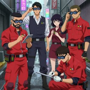 An anime scene showing 4 characters. 1. a male anime character with a stocky, strong build, short undercut hair, full beard, wearing a neatly buttoned work jacket with a full zip front and rolled sleeves, a utility belt with a small battery pack that connects to his eyeglasses, flat chest with no breasts 2. a male anime character with a tall, lean build, short messy hair, clean-shaven, wearing a neatly pressed collared button-up with a vest over top, a utility belt with a small battery pack that connects to his eyeglasses, flat chest with no breasts 3. a female anime character with a slim build, delicate face, no facial hair, short wavy hair with a hair pin 4. a male anime character with a lean, medium build, short textured hair, light stubble, wearing a neatly buttoned utility smock with a buttoned collar and chest flaps closed, a utility belt with a small battery pack that connects to his eyeglasses, flat chest with no breasts All characters wear crimson and charcoal hazardous disposal team with a retro style aesthetic. Each character wears two small lapel pins β one showing a tiny stylized pineapple charm in yellow and green and one showing a tiny silver hex bolt. Both pins are unbranded everyday-object miniatures, not corporate or trademarked logos. One character wears a captain's hat. One character has elbow braces with integrated joint lights. Only one character gestures β the others focus on their tasks without gesturing or pointing. Characters speak to devices, check readings, touch their own fingertips together to transmit data, and wear AR glasses. No character touches a keyboard or looks at a screen. No character waves at the camera. No character faces the viewer directly. The team is building a literal hydroplant in a rain-soaked city alley with neon signs reflecting in puddles. Exactly 4 characters in this scene β no more, no fewer. One cuts material to exact measurements, double-checking against the plan. One checks alignment and level before securing each joint. One assembles components using the correct fasteners and techniques. One sands a surface smooth before applying finish, feeling for imperfections. No male character wears a skirt, kilt, or apron over pants or formal shirts. Exactly 4 characters total. The image must contain precisely 4 characters.NO TEXT anywhere in this image β no speech bubbles, no word bubbles, no labels, no signs, no writing of any kind. Anime style, vibrant colors, clean composition, cinematic lighting.