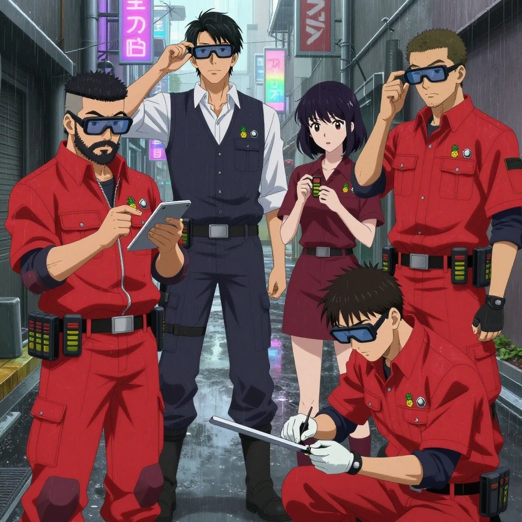 An anime scene showing 4 characters. 1. a male anime character with a stocky, strong build, short undercut hair, full beard, wearing a neatly buttoned work jacket with a full zip front and rolled sleeves, a utility belt with a small battery pack that connects to his eyeglasses, flat chest with no breasts 2. a male anime character with a tall, lean build, short messy hair, clean-shaven, wearing a neatly pressed collared button-up with a vest over top, a utility belt with a small battery pack that connects to his eyeglasses, flat chest with no breasts 3. a female anime character with a slim build, delicate face, no facial hair, short wavy hair with a hair pin 4. a male anime character with a lean, medium build, short textured hair, light stubble, wearing a neatly buttoned utility smock with a buttoned collar and chest flaps closed, a utility belt with a small battery pack that connects to his eyeglasses, flat chest with no breasts All characters wear crimson and charcoal hazardous disposal team with a retro style aesthetic. Each character wears two small lapel pins — one showing a tiny stylized pineapple charm in yellow and green and one showing a tiny silver hex bolt. Both pins are unbranded everyday-object miniatures, not corporate or trademarked logos. One character wears a captain's hat. One character has elbow braces with integrated joint lights. Only one character gestures — the others focus on their tasks without gesturing or pointing. Characters speak to devices, check readings, touch their own fingertips together to transmit data, and wear AR glasses. No character touches a keyboard or looks at a screen. No character waves at the camera. No character faces the viewer directly. The team is building a literal hydroplant in a rain-soaked city alley with neon signs reflecting in puddles. Exactly 4 characters in this scene — no more, no fewer. One cuts material to exact measurements, double-checking against the plan. One checks alignment and level before securing each joint. One assembles components using the correct fasteners and techniques. One sands a surface smooth before applying finish, feeling for imperfections. No male character wears a skirt, kilt, or apron over pants or formal shirts. Exactly 4 characters total. The image must contain precisely 4 characters.NO TEXT anywhere in this image — no speech bubbles, no word bubbles, no labels, no signs, no writing of any kind. Anime style, vibrant colors, clean composition, cinematic lighting.