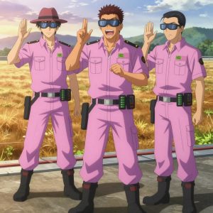 An anime scene showing 3 characters. 1. a male anime character with a tall, lean build, short messy hair, clean-shaven, wearing a neatly pressed collared button-up with a vest over top, a utility belt with a small battery pack that connects to his eyeglasses, flat chest with no breasts 2. a male anime character with a broader, muscular build, short spiky hair, light stubble, wearing a neatly buttoned work shirt with epaulets and a zipped front, a utility belt with a small battery pack that connects to his eyeglasses, flat chest with no breasts 3. a male anime character with a fit, medium build, short slicked-back hair, light mustache, wearing a neatly buttoned work polo with a collared neck and buttoned cuffs, a utility belt with a small battery pack that connects to his eyeglasses, flat chest with no breasts All characters wear pastel pink and lavender search and rescue team with a gym aesthetic. Each character wears two small lapel pins β one showing the the green and black NVIDIA logo β a diagonal beveled slash through an orange triangle (real brand), and one showing the USDT token symbol β a T with a double horizontal line logo (abstract). One character wears a fedora. One character has magnetized boot heels for steel surfaces. Only one character gestures β the others focus on their tasks without gesturing or pointing. Characters speak to devices, check readings, touch their own fingertips together to transmit data, and wear AR glasses. No character touches a keyboard or looks at a screen. No character waves at the camera. No character faces the viewer directly. The team is practicing a literal submarine in an open field at golden hour with distant mountains and dry grass. Exactly 3 characters in this scene β no more, no fewer. One trains hard on a course, learning from each previous attempt. One performs with genuine expression, letting the music carry the emotion. One coaches a teammate on technique with constructive pointers. No male character wears a skirt, kilt, or apron over pants or formal shirts. Exactly 3 characters total. The image must contain precisely 3 characters.NO TEXT anywhere in this image β no speech bubbles, no word bubbles, no labels, no signs, no writing of any kind. Anime style, vibrant colors, clean composition, cinematic lighting.