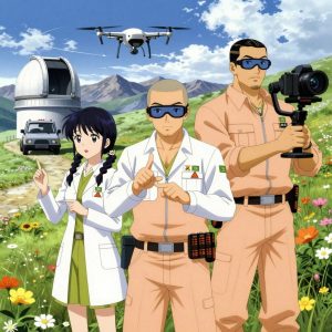 An anime scene showing 3 characters. 1. a female anime character with a petite build, soft features, no facial hair, hair in twin braids with small flower clips 2. a male anime character with a broad-shouldered build, short buzz-cut hair, clean-shaven, wearing a neatly buttoned work coverall with a full-length zipper and snapped chest pocket, a utility belt with a small battery pack that connects to his eyeglasses, flat chest with no breasts 3. a male anime character with a tall, sturdy build, short side-part hair, light goatee, wearing a neatly buttoned collared work shirt with sleeves rolled up, a utility belt with a small battery pack that connects to his eyeglasses, flat chest with no breasts All characters wear warm peach and gold medical team (white lab coats) with a 2000s aesthetic. Each character wears two small lapel pins β one showing the the green and black NVIDIA logo β a diagonal beveled slash through an orange triangle (real brand), and one showing the USDT token symbol β a T with a double horizontal line logo (abstract). One character wears a flat cap. One character has compact respirator hanging from a carabiner. Only one character gestures β the others focus on their tasks without gesturing or pointing. Characters speak to devices, check readings, touch their own fingertips together to transmit data, and wear AR glasses. No character touches a keyboard or looks at a screen. No character waves at the camera. No character faces the viewer directly. The team is operating a literal observatory in a high alpine meadow in full summer bloom with mountain peaks beyond. Exactly 3 characters in this scene β no more, no fewer. One drives a vehicle steadily along a route, eyes on the road or path. One pilots a drone through a pre-planned flight path, monitoring telemetry. One operates a camera on a stabilized rig, framing the shot perfectly. No male character wears a skirt, kilt, or apron over pants or formal shirts. Exactly 3 characters total. The image must contain precisely 3 characters.NO TEXT anywhere in this image β no speech bubbles, no word bubbles, no labels, no signs, no writing of any kind. Anime style, vibrant colors, clean composition, cinematic lighting.