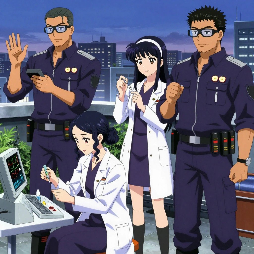 An anime scene showing 4 characters. 1. a male anime character with a tall, sturdy build, short side-part hair, light goatee, wearing a neatly buttoned collared work shirt with sleeves rolled up, a utility belt with a small battery pack that connects to his eyeglasses, flat chest with no breasts 2. a female anime character with a smaller build, soft smile, no facial hair, hair in loose curls with a small hair clip 3. a female anime character with a petite build, expressive eyes, no facial hair, long straight hair with a ribbon headband 4. a male anime character with a broader, muscular build, short spiky hair, light stubble, wearing a neatly buttoned work shirt with epaulets and a zipped front, a utility belt with a small battery pack that connects to his eyeglasses, flat chest with no breasts All characters wear dark purple and silver medical team (white lab coats) with a carnival aesthetic. Each character wears two small lapel pins — one showing a tiny apple slice showing the star pattern of seeds in the middle and one showing a tiny flathead screwdriver with a clear handle. Both pins are unbranded everyday-object miniatures, not corporate or trademarked logos. One character wears a newsboy cap. One character has magnetic screwdriver wristband. Only one character gestures — the others focus on their tasks without gesturing or pointing. Characters speak to devices, check readings, touch their own fingertips together to transmit data, and wear AR glasses. No character touches a keyboard or looks at a screen. No character waves at the camera. No character faces the viewer directly. The team is treating a literal coastguard in a bustling urban rooftop garden with city skyline at dusk. Exactly 4 characters in this scene — no more, no fewer. One monitors vital signs on equipment, checking readings regularly. One carefully cleans and dresses a wound using sterile supplies. One performs a careful examination to determine the cause of symptoms. One administers medicine with a precise dose, watching for reactions. No male character wears a skirt, kilt, or apron over pants or formal shirts. Exactly 4 characters total. The image must contain precisely 4 characters.NO TEXT anywhere in this image — no speech bubbles, no word bubbles, no labels, no signs, no writing of any kind. Anime style, vibrant colors, clean composition, cinematic lighting.