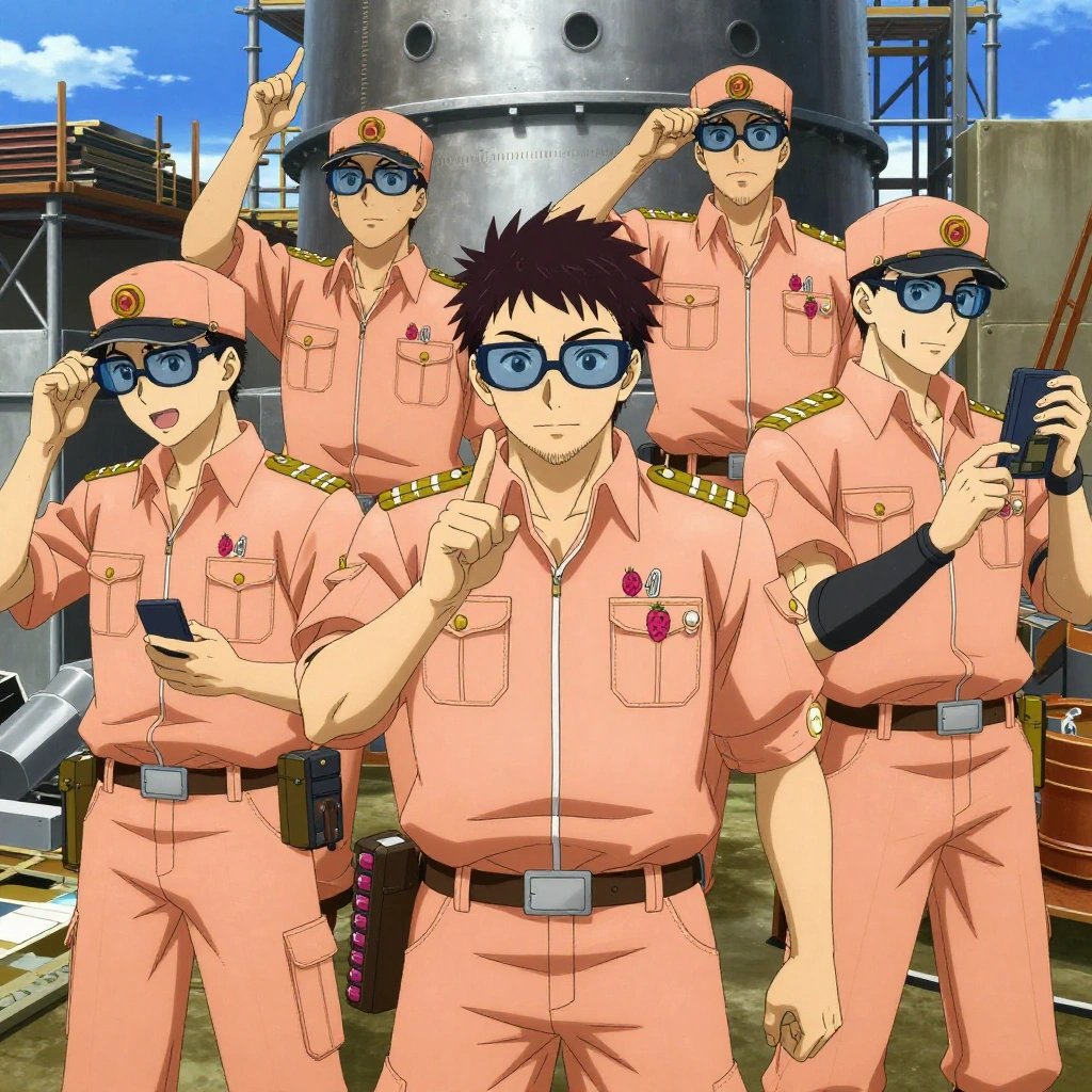 An anime scene showing 1 characters. 1. a male anime character with a broader, muscular build, short spiky hair, light stubble, wearing a neatly buttoned work shirt with epaulets and a zipped front, a utility belt with a small battery pack that connects to his eyeglasses, flat chest with no breasts All characters wear warm peach and gold scientific expedition team with a coquette aesthetic. Each character wears two small lapel pins — one showing a tiny pink raspberry with a hollow center and one showing a tiny silver paperclip. Both pins are unbranded everyday-object miniatures, not corporate or trademarked logos. One character wears a captain's hat. One character has elbow braces with integrated joint lights. Only one character gestures — the others focus on their tasks without gesturing or pointing. Characters speak to devices, check readings, touch their own fingertips together to transmit data, and wear AR glasses. No character touches a keyboard or looks at a screen. No character waves at the camera. No character faces the viewer directly. The team is repairing a literal sawmill in a construction site with scaffolding and materials stacked against blue sky. Exactly 1 characters in this scene — no more, no fewer. One recalibrates the device to factory specifications step by step. No male character wears a skirt, kilt, or apron over pants or formal shirts. Exactly 1 characters total. The image must contain precisely 1 characters.NO TEXT anywhere in this image — no speech bubbles, no word bubbles, no labels, no signs, no writing of any kind. Anime style, vibrant colors, clean composition, cinematic lighting.