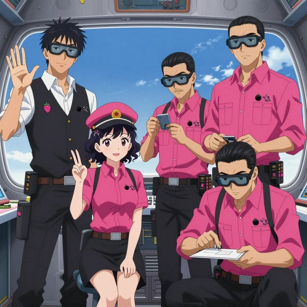 An anime scene showing 4 characters. 1. a male anime character with a tall, lean build, short messy hair, clean-shaven, wearing a neatly pressed collared button-up with a vest over top, a utility belt with a small battery pack that connects to his eyeglasses, flat chest with no breasts 2. a female anime character with a smaller build, soft smile, no facial hair, hair in loose curls with a small hair clip 3. a male anime character with a fit, medium build, short slicked-back hair, light mustache, wearing a neatly buttoned work polo with a collared neck and buttoned cuffs, a utility belt with a small battery pack that connects to his eyeglasses, flat chest with no breasts 4. a male anime character with a taller, athletic build, short hair, subtle facial hair, wearing a neatly buttoned-up collared shirt with sleeves rolled to the elbows, a utility belt with a small battery pack that connects to his eyeglasses, flat chest with no breasts All characters wear hot pink and black scientific expedition team with a sci-fi aesthetic. Each character wears two small lapel pins β one showing a tiny pink raspberry with a hollow center and one showing a tiny black binder clip with silver arms. Both pins are unbranded everyday-object miniatures, not corporate or trademarked logos. One character wears a captain's hat. One character has cooling vest worn under the uniform. Character #3 making a rock on sign β index and pinky extended, thumb holding down middle and ring fingers, clearly visible, hands large and clearly visible in the foreground. Only one character gestures β the others focus on their tasks without gesturing or pointing. Characters speak to devices, check readings, touch their own fingertips together to transmit data, and wear AR glasses. No character touches a keyboard or looks at a screen. No character waves at the camera. No character faces the viewer directly. The team is building a literal amphitheater in a small airplane cockpit with instruments and blue sky beyond the windscreen. Exactly 4 characters in this scene β no more, no fewer. One sands a surface smooth before applying finish, feeling for imperfections. One assembles components using the correct fasteners and techniques. One checks alignment and level before securing each joint. One cuts material to exact measurements, double-checking against the plan. No male character wears a skirt, kilt, or apron over pants or formal shirts. Exactly 4 characters total. The image must contain precisely 4 characters.NO TEXT anywhere in this image β no speech bubbles, no word bubbles, no labels, no signs, no writing of any kind. Anime style, vibrant colors, clean composition, cinematic lighting.