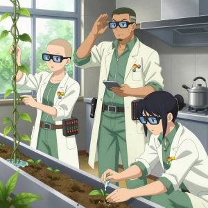 An anime scene showing 3 characters. 1. a male anime character with a broad-shouldered build, short buzz-cut hair, clean-shaven, wearing a neatly buttoned work coverall with a full-length zipper and snapped chest pocket, a utility belt with a small battery pack that connects to his eyeglasses, flat chest with no breasts 2. a male anime character with a tall, sturdy build, short side-part hair, light goatee, wearing a neatly buttoned collared work shirt with sleeves rolled up, a utility belt with a small battery pack that connects to his eyeglasses, flat chest with no breasts 3. a female anime character with a small build, no facial hair, hair in a bun with a decorative pin, wearing a skirt All characters wear sage green and cream medical team (white lab coats) with a spa day aesthetic. Each character wears two small lapel pins β one showing a tiny yellow-orange mango with a hint of red blush and one showing a tiny silver hex bolt. Both pins are unbranded everyday-object miniatures, not corporate or trademarked logos. One character wears a fedora. One character has fingertip caps for precision work. Only one character gestures β the others focus on their tasks without gesturing or pointing. Characters speak to devices, check readings, touch their own fingertips together to transmit data, and wear AR glasses. No character touches a keyboard or looks at a screen. No character waves at the camera. No character faces the viewer directly. The team is cultivating a literal aqueduct in a sleek modern kitchen with large windows opening onto a garden. Exactly 3 characters in this scene β no more, no fewer. One trellises a climbing plant, guiding it along a support with gentle care. One waters a young seedling by hand, checking soil moisture first. One applies fertilizer in careful doses around the root zone. No male character wears a skirt, kilt, or apron over pants or formal shirts. Exactly 3 characters total. The image must contain precisely 3 characters.NO TEXT anywhere in this image β no speech bubbles, no word bubbles, no labels, no signs, no writing of any kind. Anime style, vibrant colors, clean composition, cinematic lighting.