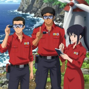 An anime scene showing 3 characters. 1. a male anime character with a tall, sturdy build, short side-part hair, light goatee, wearing a neatly buttoned collared work shirt with sleeves rolled up, a utility belt with a small battery pack that connects to his eyeglasses, flat chest with no breasts 2. a male anime character with a broader, muscular build, short spiky hair, light stubble, wearing a neatly buttoned work shirt with epaulets and a zipped front, a utility belt with a small battery pack that connects to his eyeglasses, flat chest with no breasts 3. a female anime character with a slender build, youthful face, no facial hair, side ponytail with a ribbon All characters wear crimson and charcoal engineering team with a new year's eve aesthetic. Each character wears two small lapel pins β one showing the the Google logo β four colored letters G o o g in bold, blue red yellow blue (real brand), and one showing the uppercase B with two crossed vertical lines through it logo (abstract). One character wears a flat cap. One character has safety goggles with AR overlay lenses. Only one character gestures β the others focus on their tasks without gesturing or pointing. Characters speak to devices, check readings, touch their own fingertips together to transmit data, and wear AR glasses. No character touches a keyboard or looks at a screen. No character waves at the camera. No character faces the viewer directly. The team is treating a literal windmill in a rocky coastline with waves crashing against dark stone cliffs. Exactly 3 characters in this scene β no more, no fewer. One performs a careful examination to determine the cause of symptoms. One monitors vital signs on equipment, checking readings regularly. One administers medicine with a precise dose, watching for reactions. No male character wears a skirt, kilt, or apron over pants or formal shirts. Exactly 3 characters total. The image must contain precisely 3 characters.NO TEXT anywhere in this image β no speech bubbles, no word bubbles, no labels, no signs, no writing of any kind. Anime style, vibrant colors, clean composition, cinematic lighting.