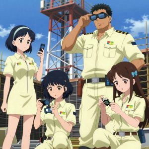 An anime scene showing 4 characters. 1. a female anime character with a slim build, gentle features, no facial hair, hair in a bob with a headband 2. a female anime character with a slim build, delicate face, no facial hair, short wavy hair with a hair pin 3. a male anime character with a broader, muscular build, short spiky hair, light stubble, wearing a neatly buttoned work shirt with epaulets and a zipped front, a utility belt with a small battery pack that connects to his eyeglasses, flat chest with no breasts 4. a female anime character with a petite build, cute face, no facial hair, long hair with a bow hair accessory All characters wear light yellow and cream fishing trawler crew with a carnival aesthetic. Each character wears two small lapel pins β one showing the the Microsoft logo β a four-color grid tile: blue red green yellow (real brand), and one showing the lowercase lambda letter in a circle, green logo (abstract). One character wears a baseball cap. One character has compact respirator hanging from a carabiner. Only one character gestures β the others focus on their tasks without gesturing or pointing. Characters speak to devices, check readings, touch their own fingertips together to transmit data, and wear AR glasses. No character touches a keyboard or looks at a screen. No character waves at the camera. No character faces the viewer directly. The team is repairing a literal radio tower in a construction site with scaffolding and materials stacked against blue sky. Exactly 4 characters in this scene β no more, no fewer. One recalibrates the device to factory specifications step by step. One diagnoses the fault by listening to how the mechanism sounds. One cleans a critical part with solvent, working in a well-ventilated spot. One replaces a worn component with a fresh part, checking the fit twice. No male character wears a skirt, kilt, or apron over pants or formal shirts. Exactly 4 characters total. The image must contain precisely 4 characters.NO TEXT anywhere in this image β no speech bubbles, no word bubbles, no labels, no signs, no writing of any kind. Anime style, vibrant colors, clean composition, cinematic lighting.